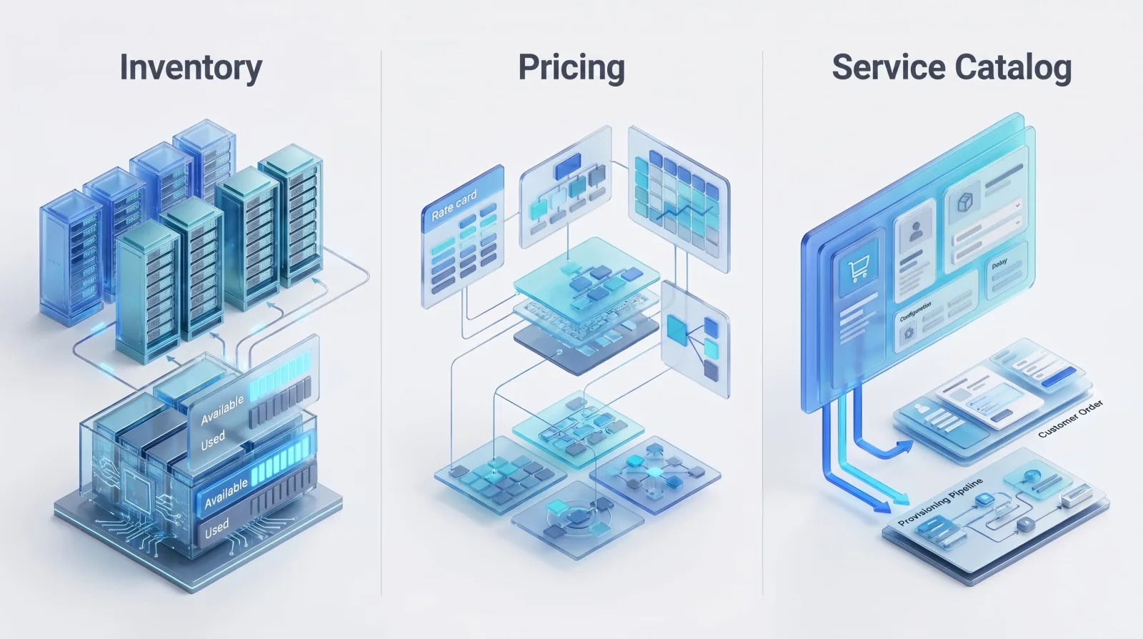Inventory (available and used resources), pricing (rate card), and service catalog (customer order and provisioning pipeline) side by side with equal weight.