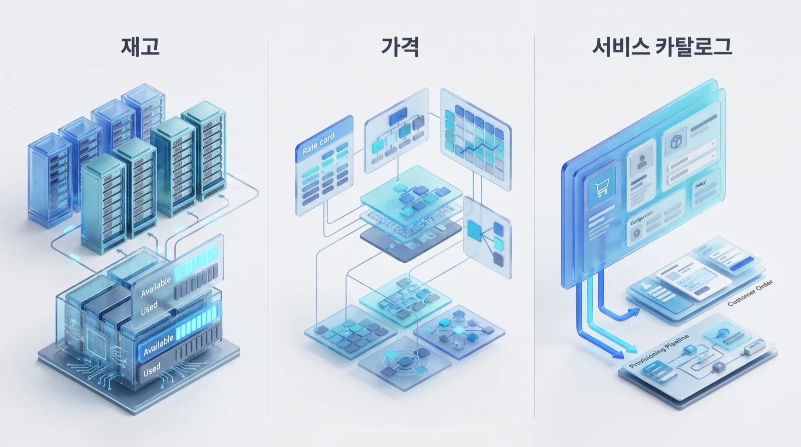 재고(가용 / 사용 중 자원), 가격(Rate card), 서비스 카탈로그(고객 주문과 프로비저닝 파이프라인)를 같은 비중으로 나란히 놓은 비교.