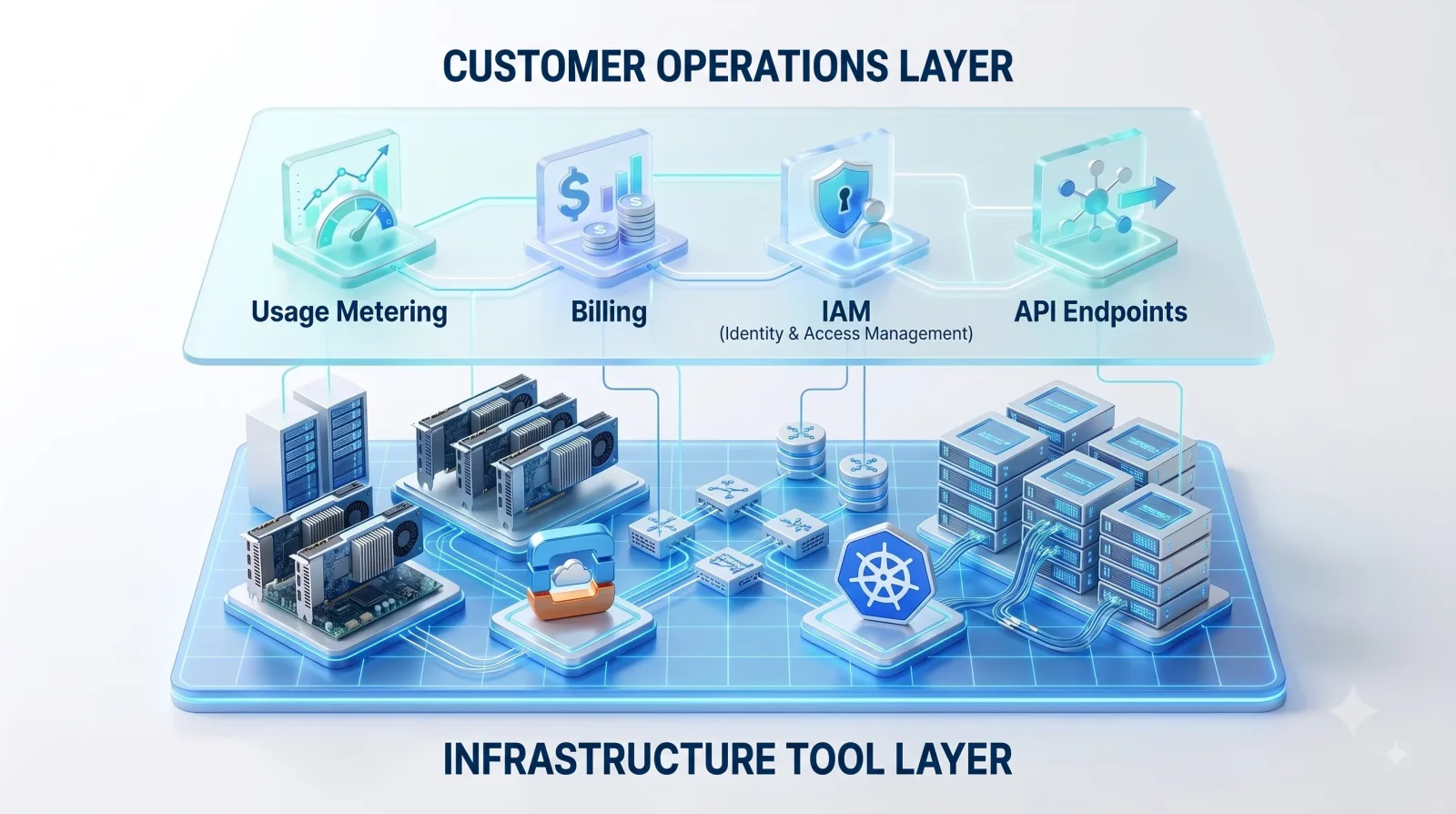 A customer-facing operations layer of usage metering, billing, IAM, and API endpoints on top of the infrastructure tools layer.