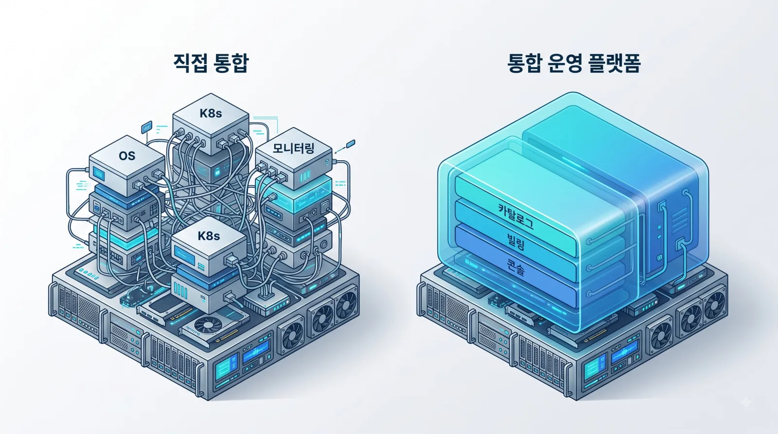 OS, K8s, 모니터링 같은 구성요소를 케이블로 직접 엮은 직접 통합과, 카탈로그·빌링·콘솔을 하나의 계층으로 묶은 통합 운영 플랫폼의 비교.