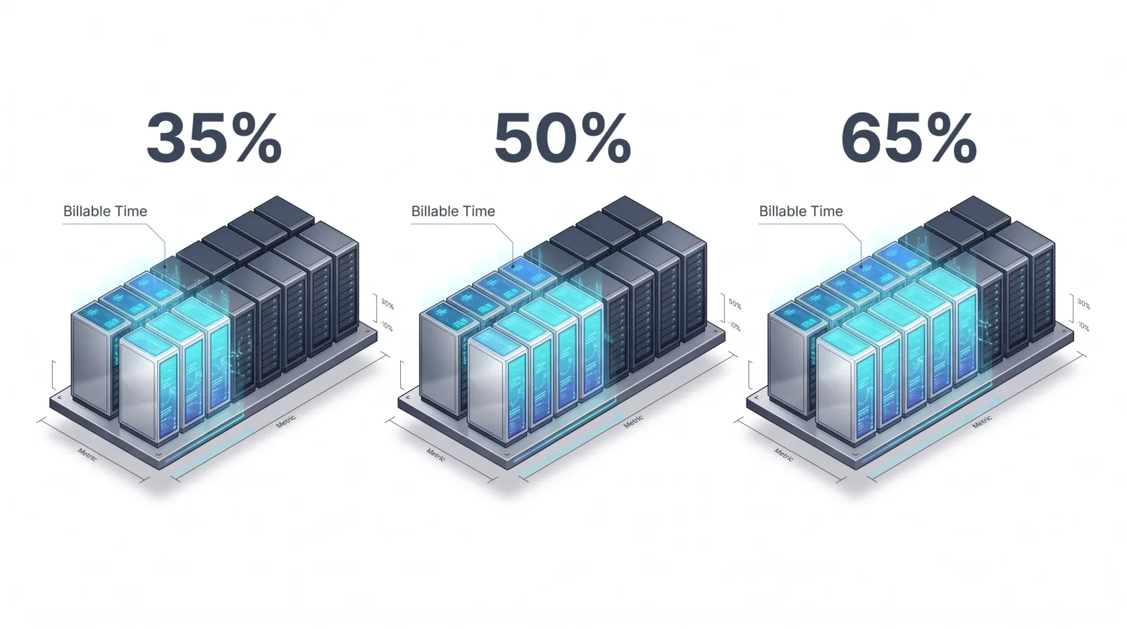 Three scenarios on the same GPU server fleet with billable-time ratios of 35%, 50%, and 65%.