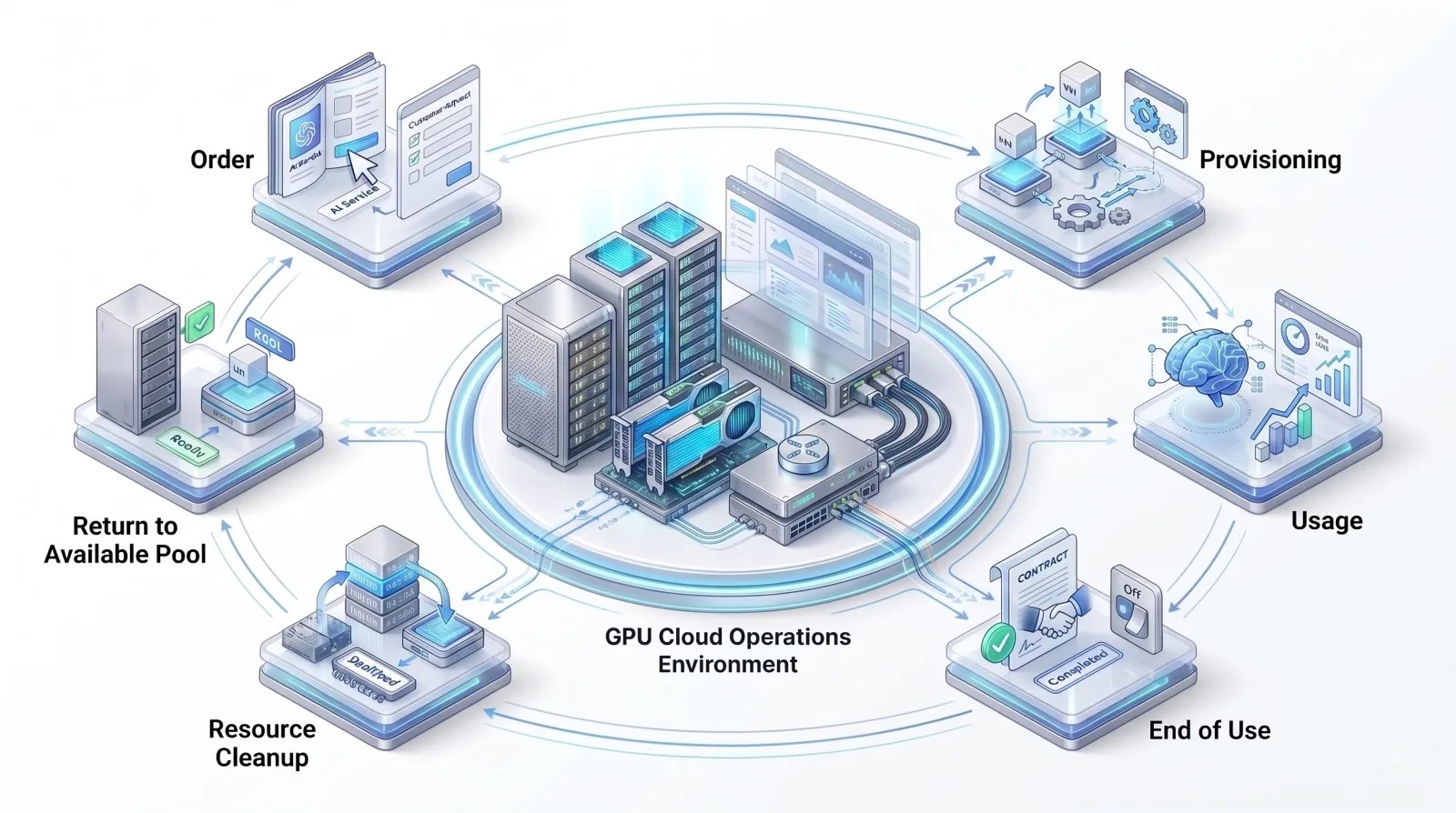 A repeating lifecycle around a GPU cloud operations environment: order, provisioning, use, termination, resource cleanup, and return to the available pool.