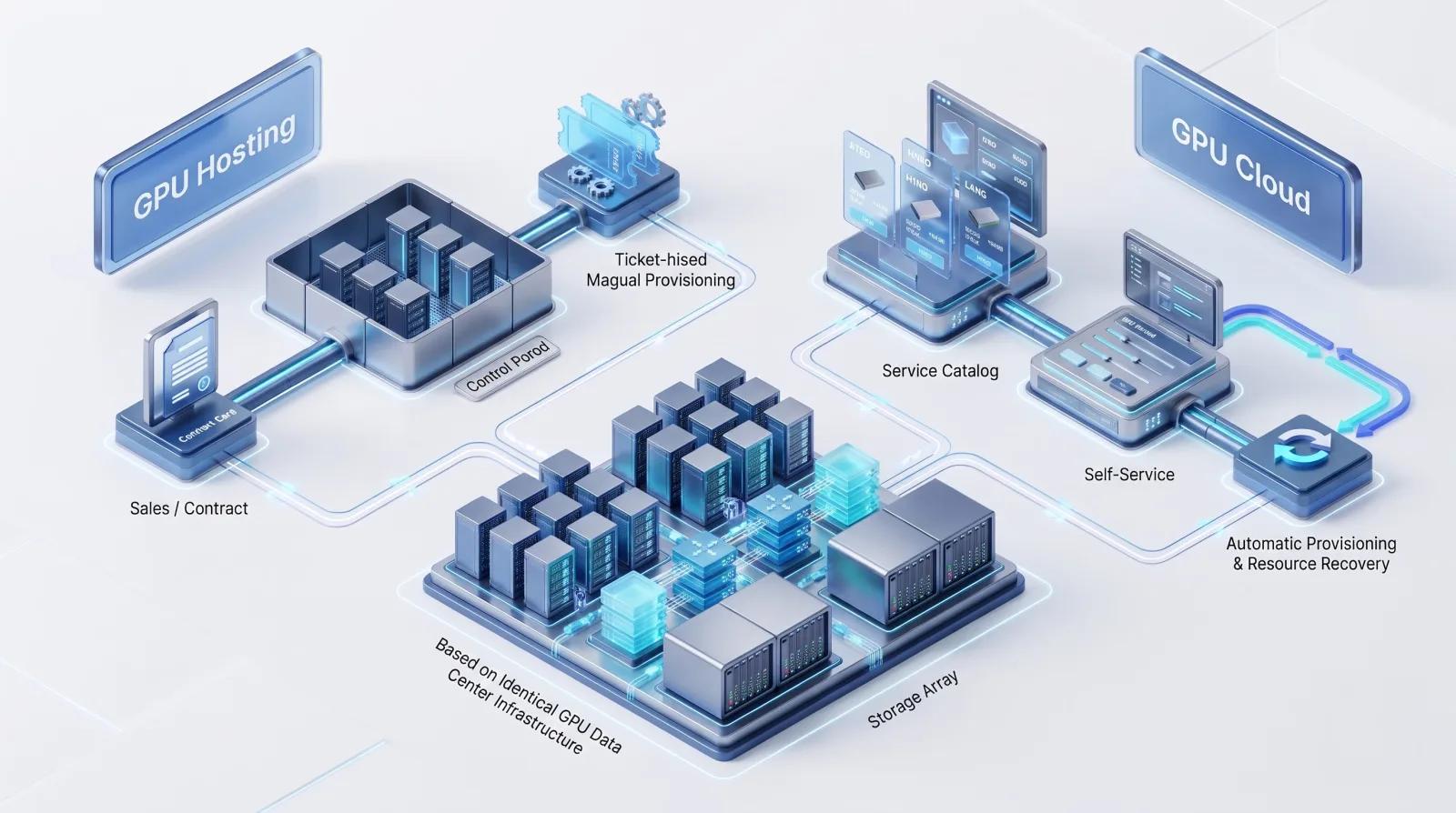 The same GPU data-center infrastructure at the base: on the left, GPU hosting with sales / contract and ticket-based manual provisioning; on the right, GPU cloud with service catalog, self-service, and automatic provisioning and resource recovery.