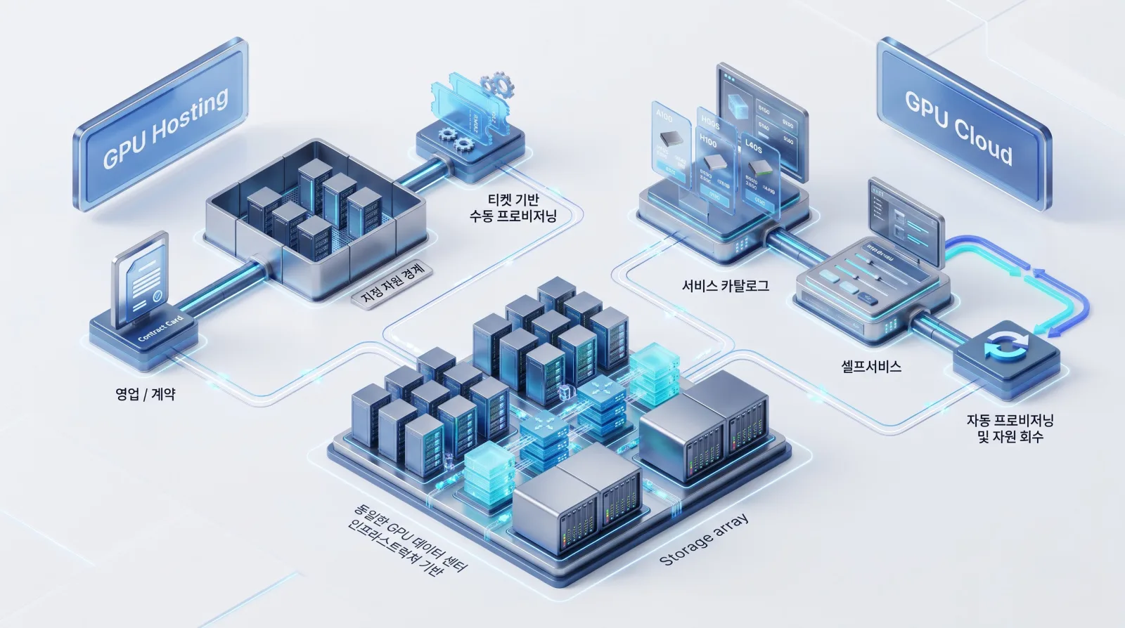 같은 GPU 데이터센터 인프라를 바닥에 두고, 왼쪽 GPU Hosting은 영업 / 계약과 티켓 기반 수동 프로비저닝, 오른쪽 GPU Cloud는 서비스 카탈로그, 셀프서비스, 자동 프로비저닝 및 자원 회수로 운영되는 비교.