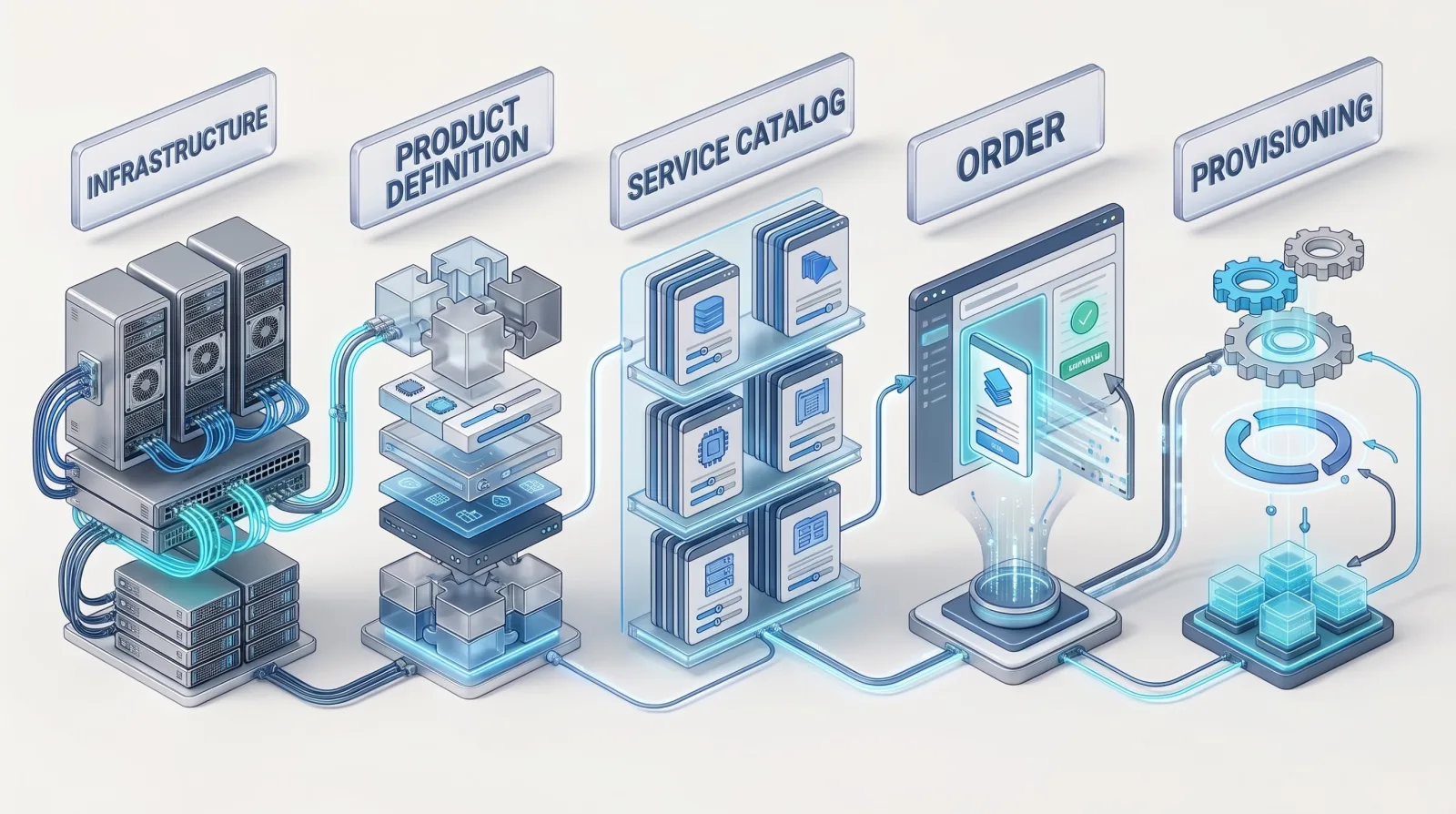A flow from infrastructure through product definition, service catalog, and order to provisioning.
