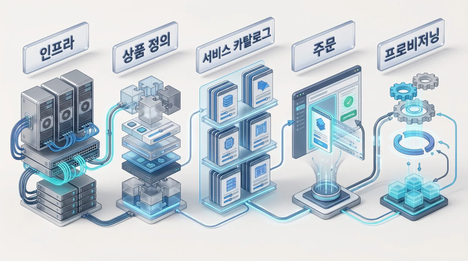 인프라, 상품 정의, 서비스 카탈로그, 주문, 프로비저닝이 차례로 연결된 흐름.