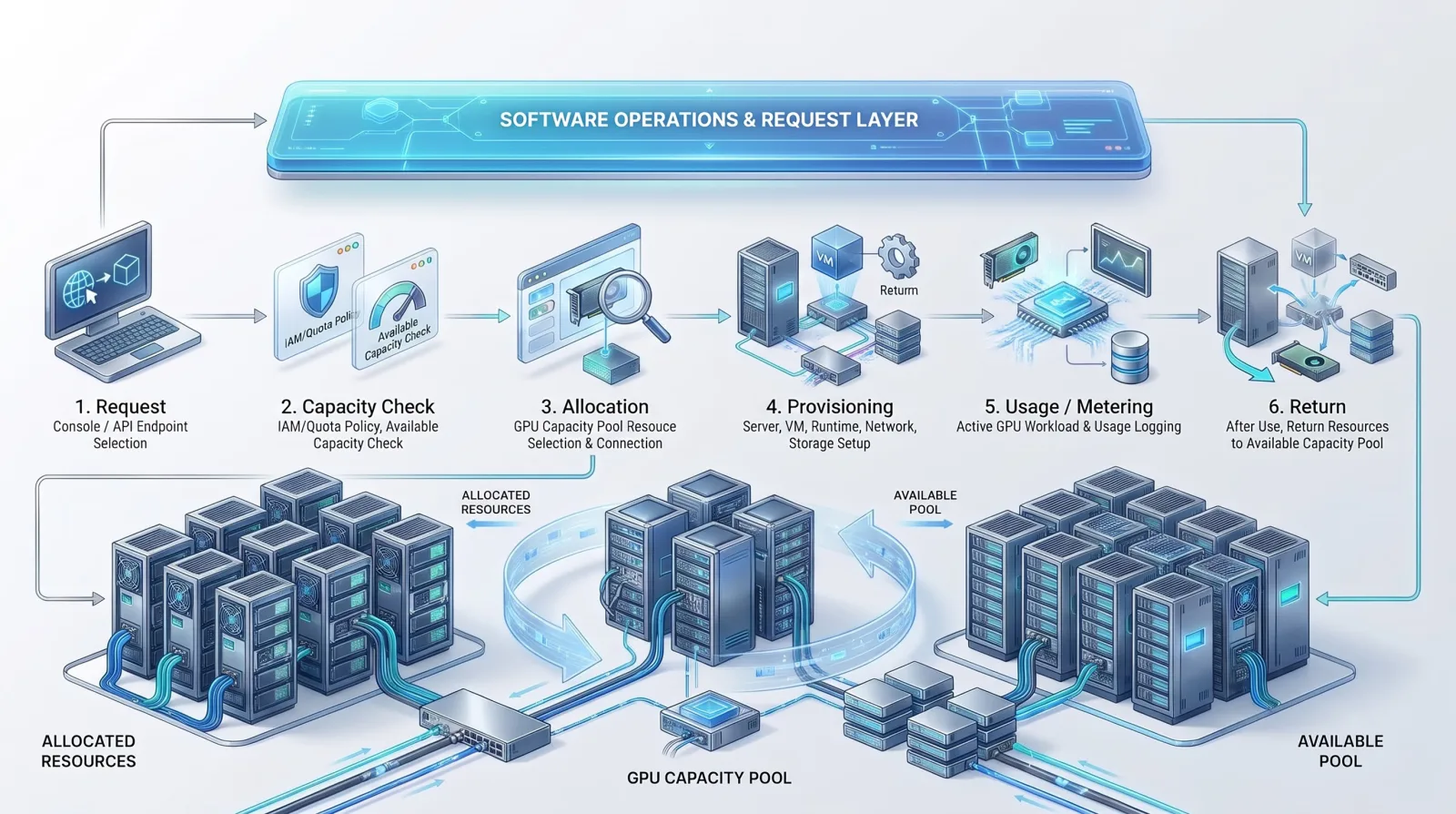 Six steps — request, capacity check, allocation, provisioning, usage / metering, and return — under a software operations and request layer, with the GPU capacity pool moving between allocated resources and the available pool.