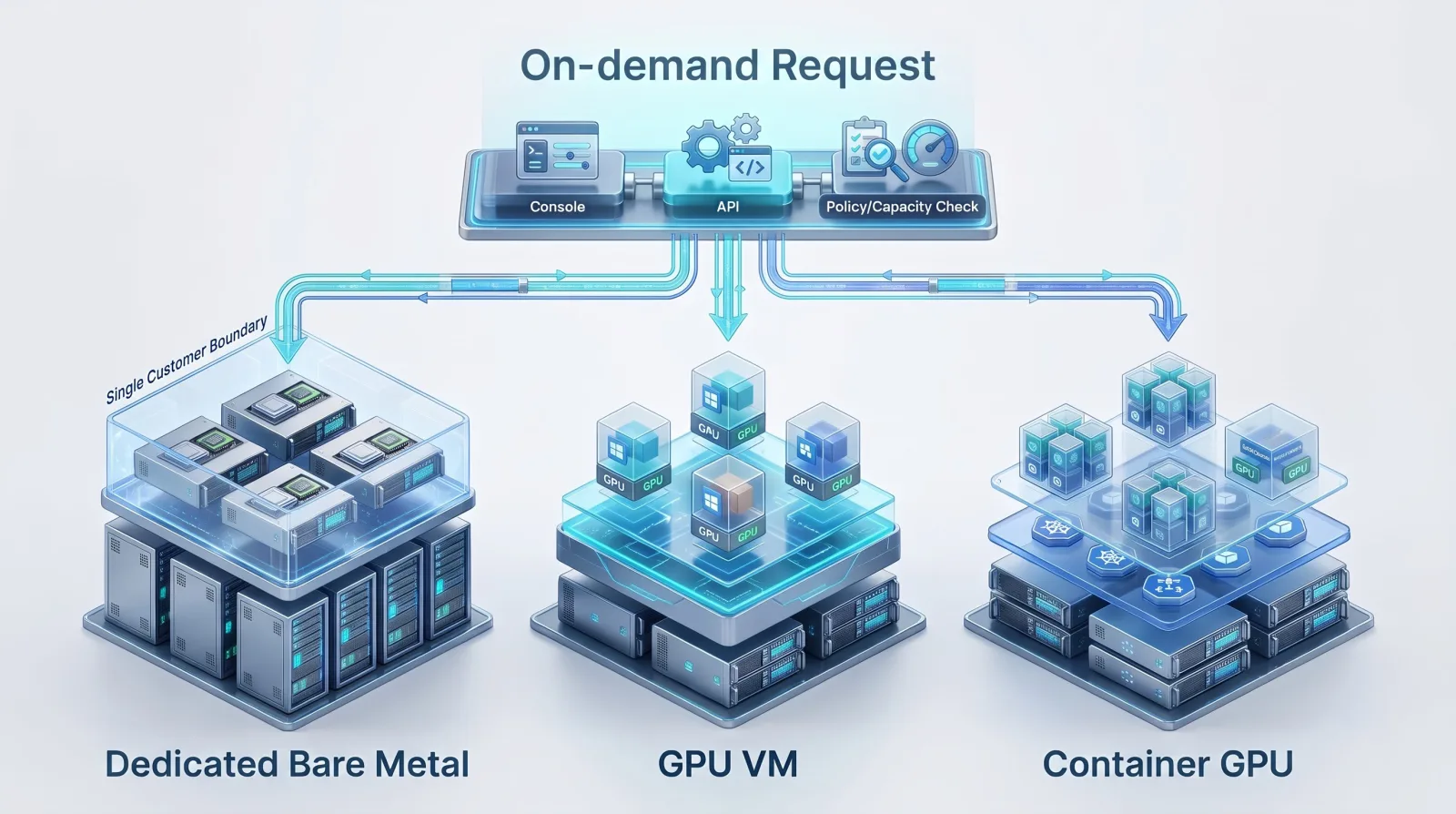 An on-demand request layer of console, API, and policy / capacity check above three equally weighted resource forms: dedicated bare metal, GPU VM, and container GPU.