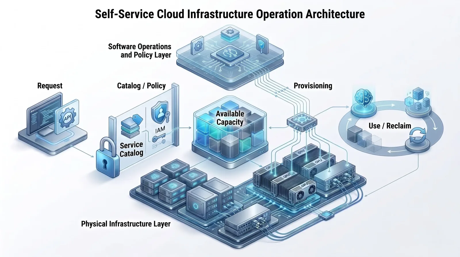 Self-service cloud operations: request, catalog / policy, available capacity, provisioning, and use / reclaim, connected between a software operations and policy layer and the physical infrastructure layer.