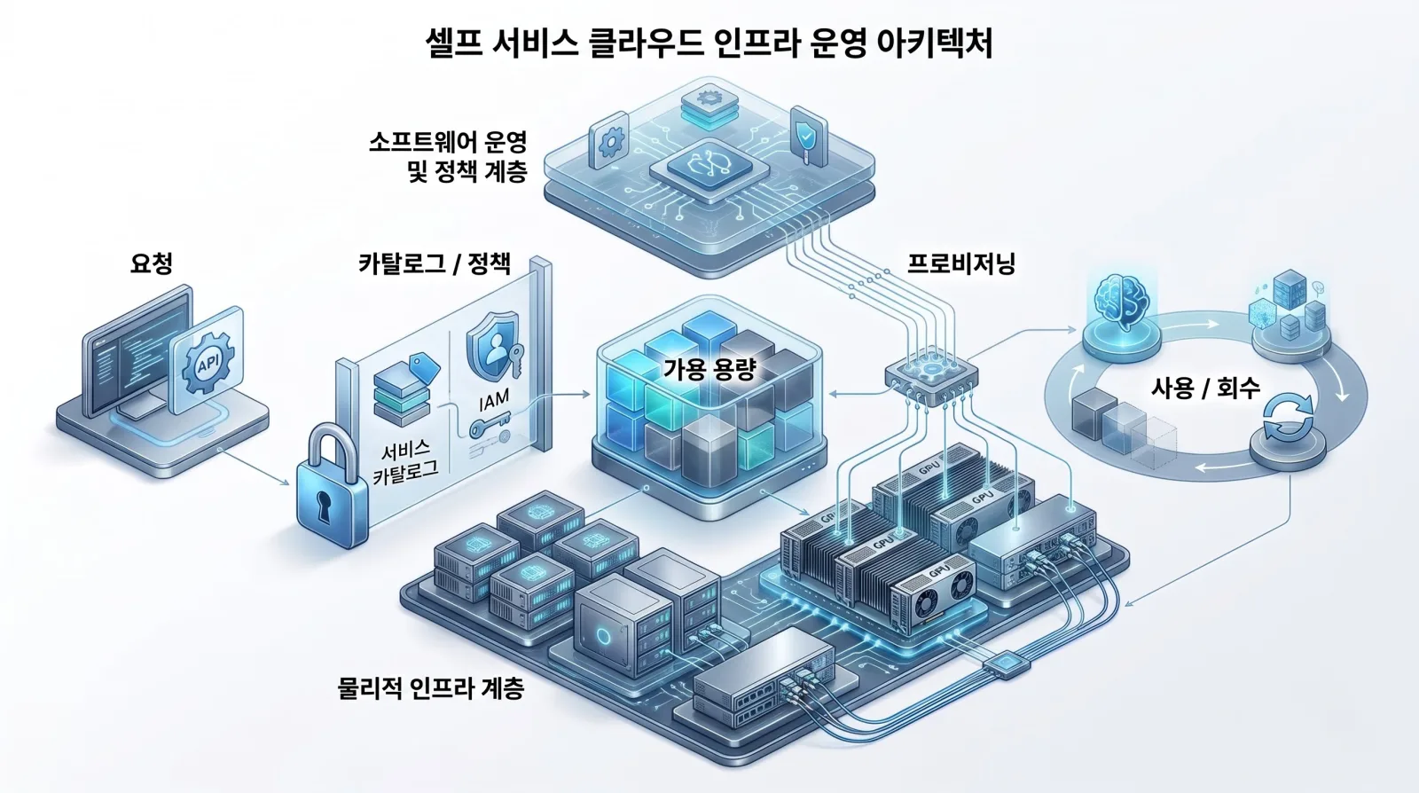 요청, 카탈로그 / 정책, 가용 용량, 프로비저닝, 사용 / 회수가 소프트웨어 운영 및 정책 계층과 물리적 인프라 계층 사이에서 이어지는 셀프서비스 클라우드 운영 구조.