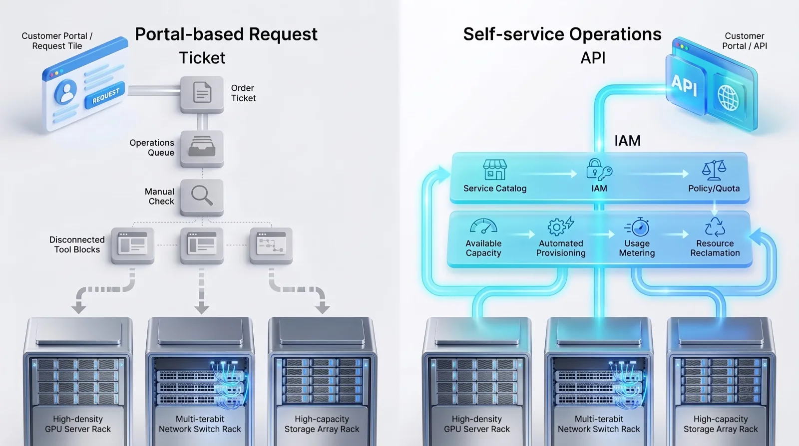 On the left, a portal-based request that passes through an order ticket, operations queue, manual check, and disconnected tools; on the right, self-service operations where a portal / API request runs through service catalog, IAM, policy / quota, available capacity, automated provisioning, usage metering, and resource reclamation. Both sit on the same GPU server, network, and storage racks.