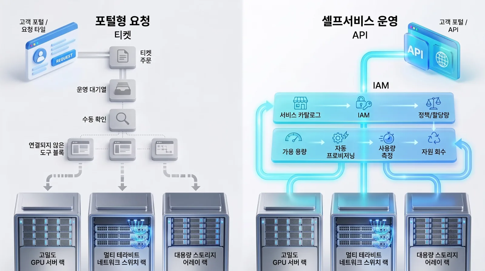 왼쪽은 고객 포털 요청이 티켓, 운영 대기열, 수동 확인, 연결되지 않은 도구를 거치는 포털형 요청, 오른쪽은 포털 / API 요청이 서비스 카탈로그, IAM, 정책 / 할당량, 가용 용량, 자동 프로비저닝, 사용량 측정, 자원 회수로 이어지는 셀프서비스 운영. 아래에는 같은 GPU 서버, 네트워크, 스토리지 랙.