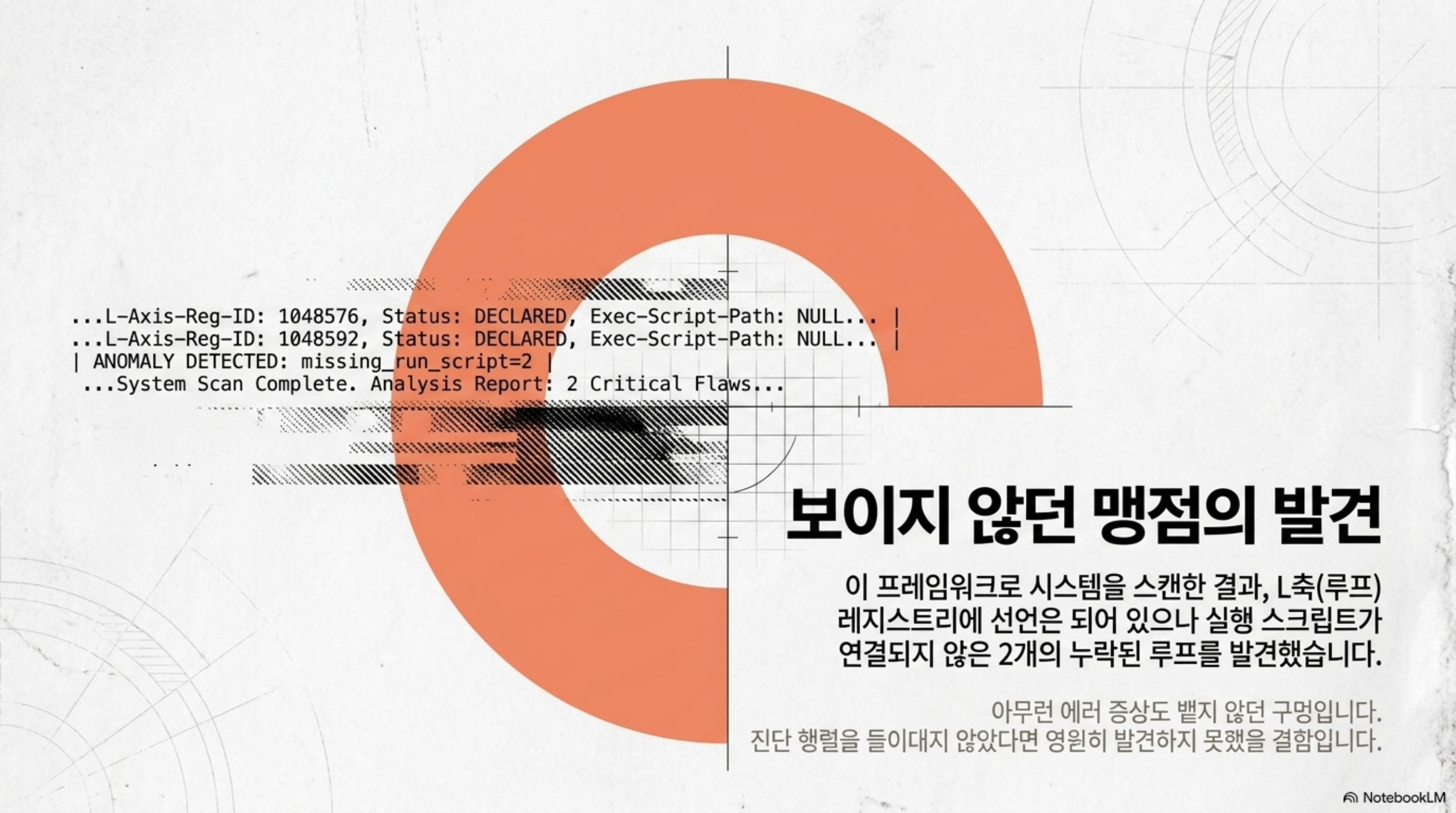 루프 레지스트리에 선언만 되어 있고 실행 스크립트가 연결되지 않은 항목 두 개를 스캔이 잡아낸 화면을 형상화한 슬라이드