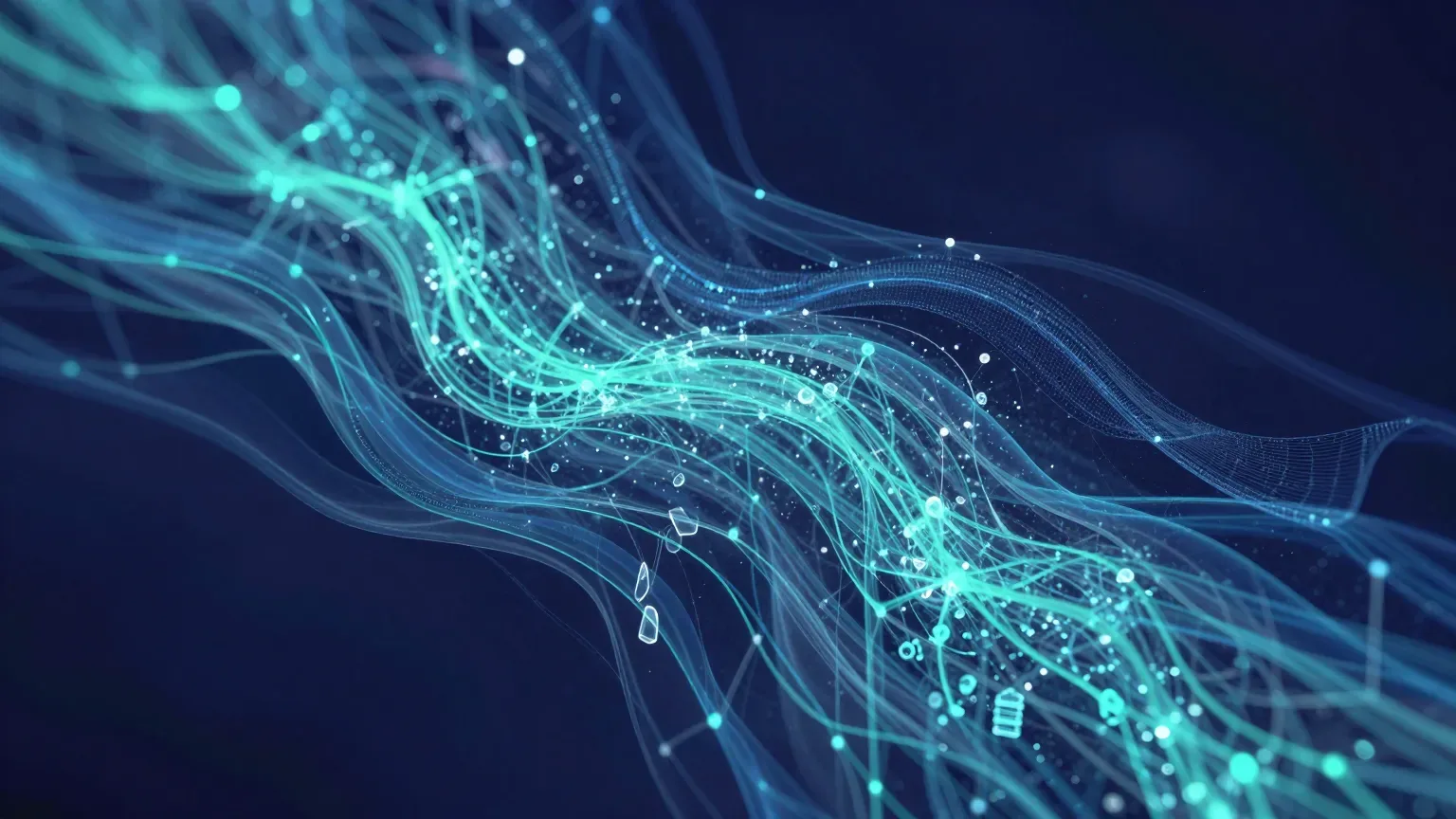Abstract image of layered data flowing through a lattice of neural networks and databases, with memory cells forming and dissolving