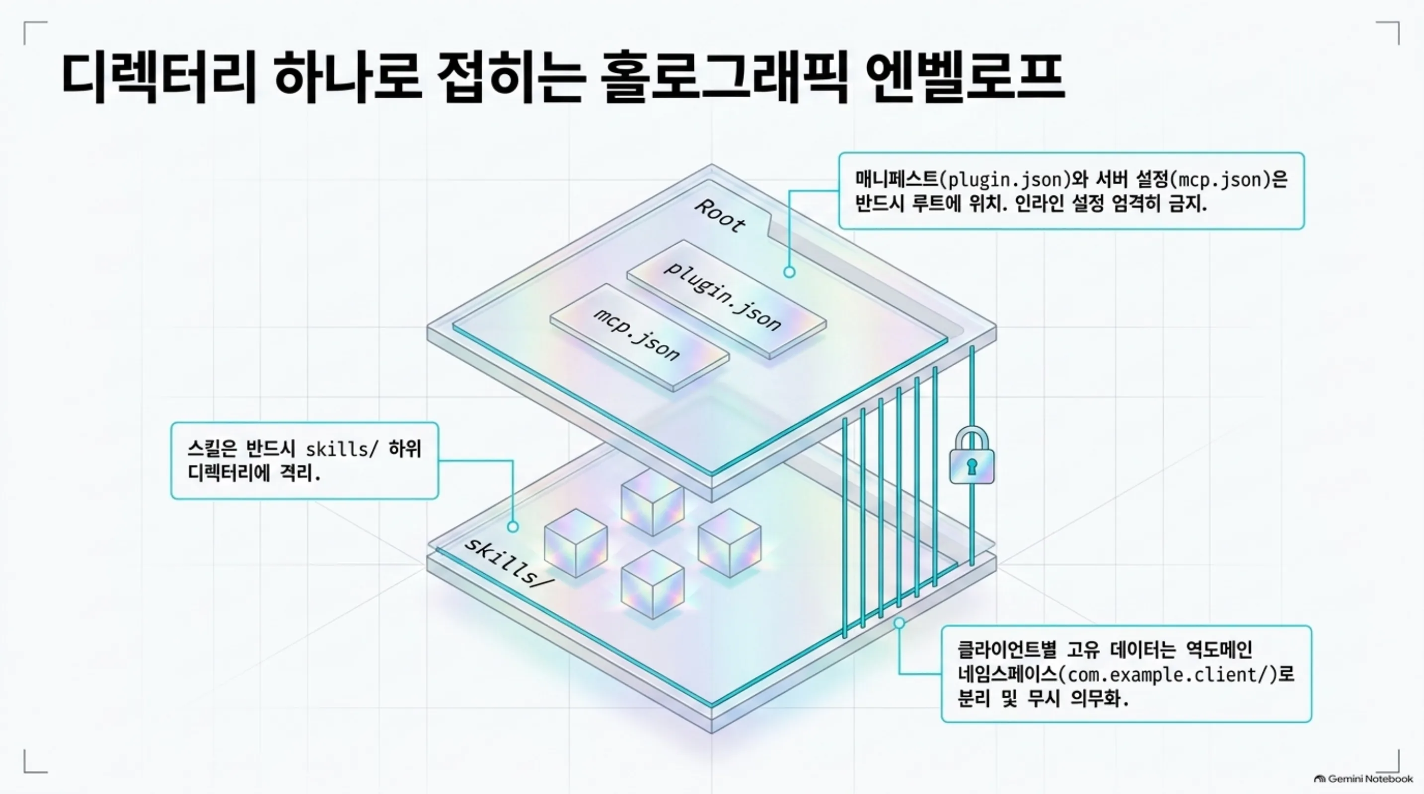 플러그인 루트에 plugin.json과 mcp.json이 놓이고 그 아래 skills 계층이 분리된 구조를 보여주는 슬라이드