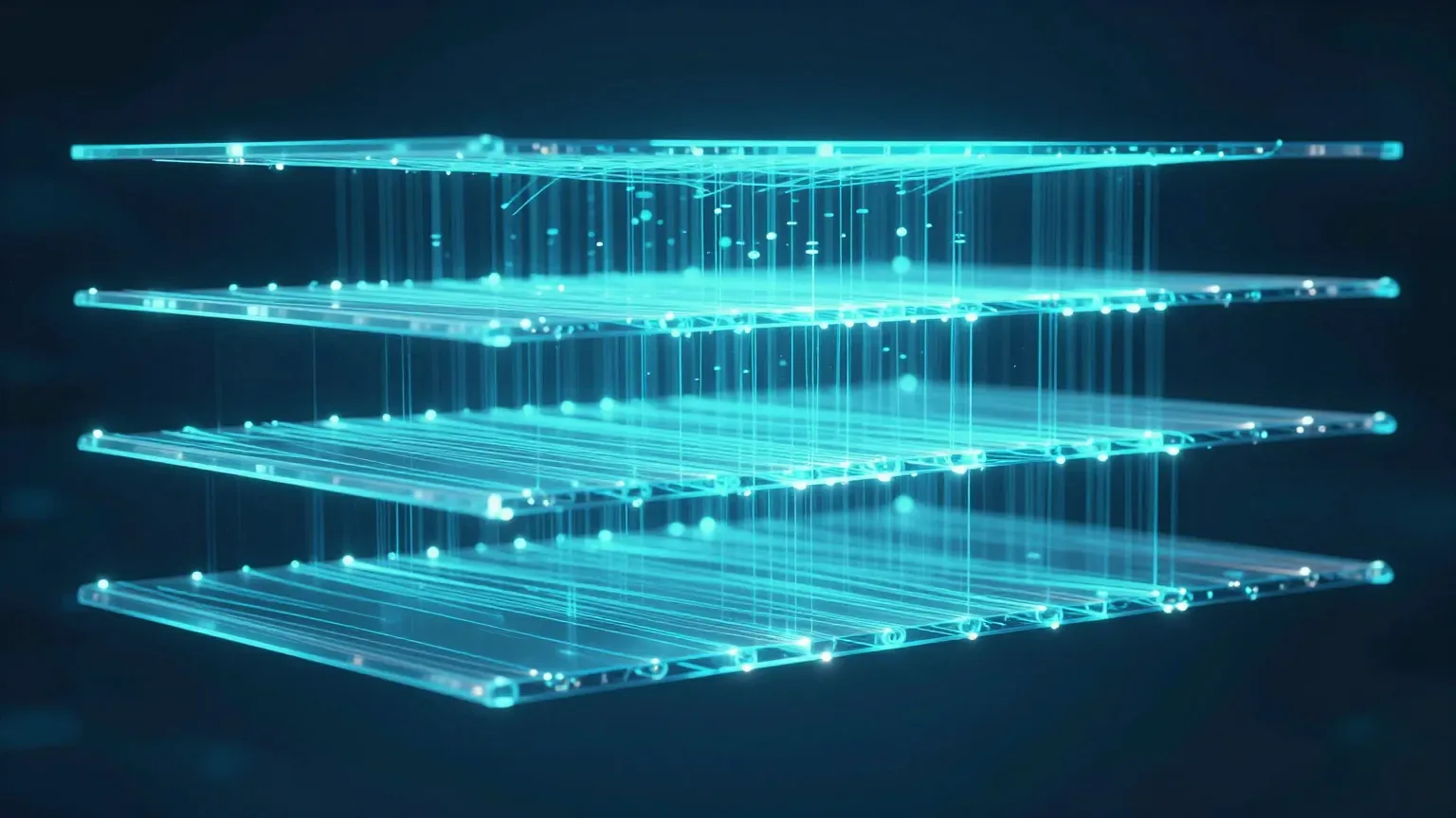Abstract structure of four luminous layers stacked from bottom to top, connected to each other