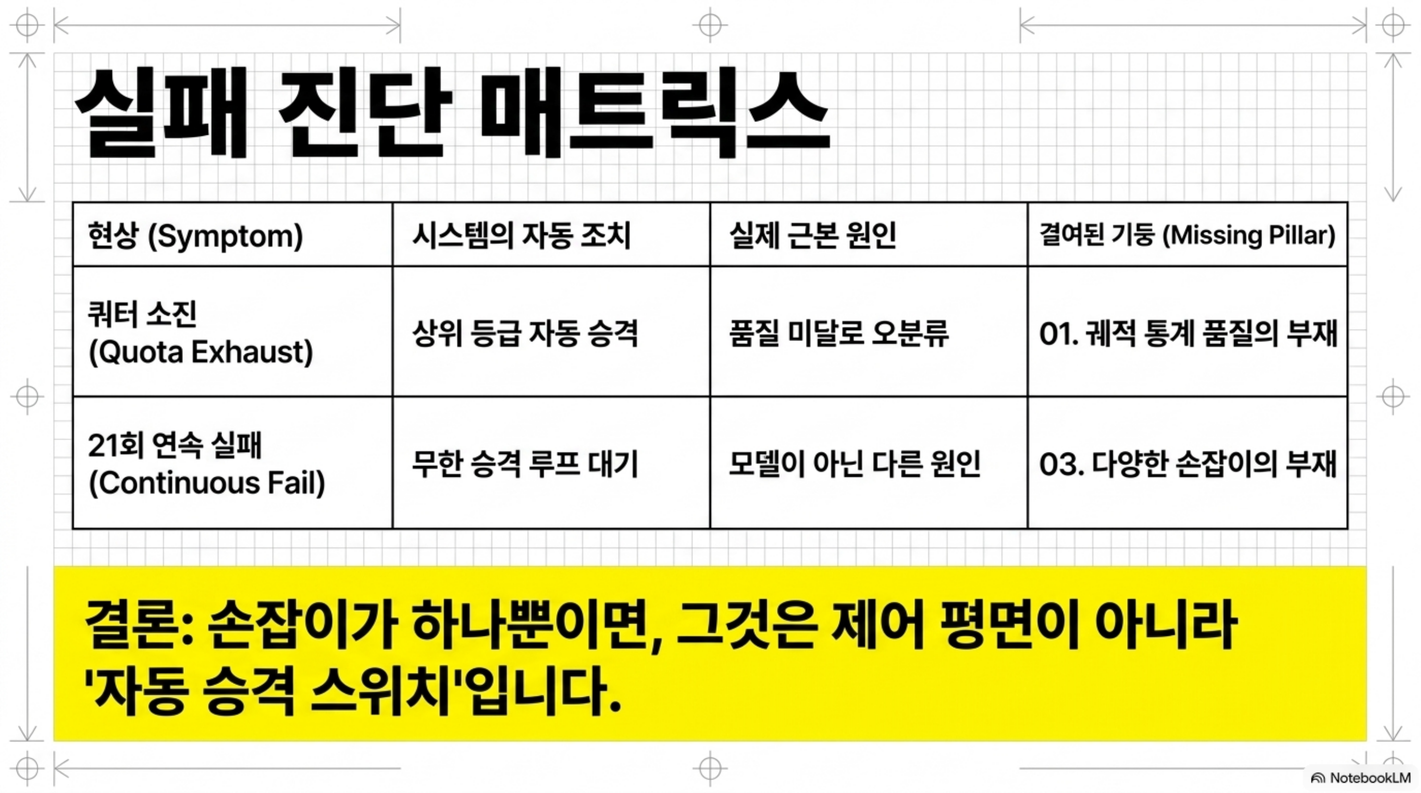 쿼터 소진과 21회 연속 실패라는 두 증상을 근본 원인과 결여된 기둥에 대응시킨 진단 표 슬라이드