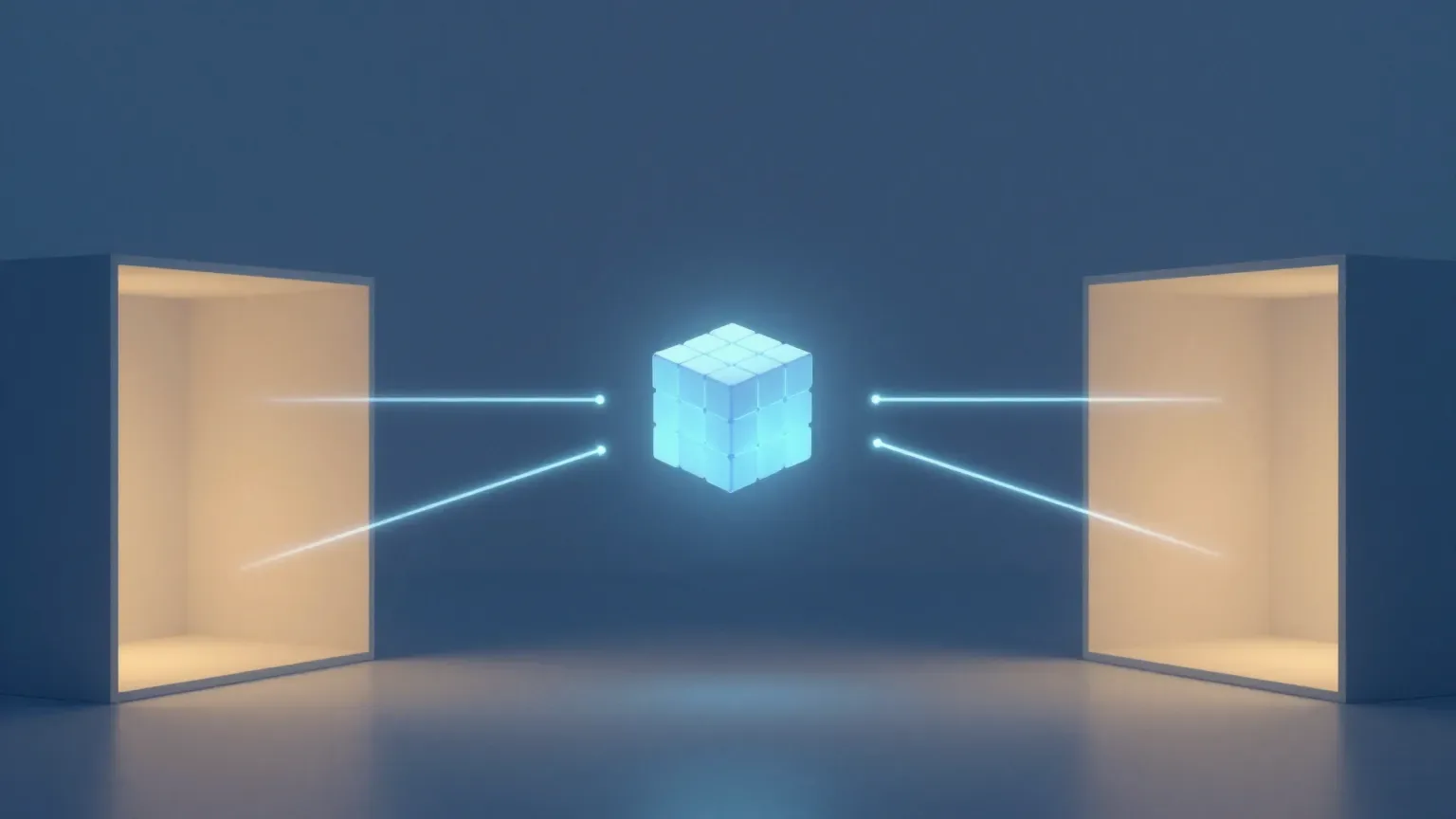 Abstract image of a modular knowledge unit in the center sending three data streams to three different tools