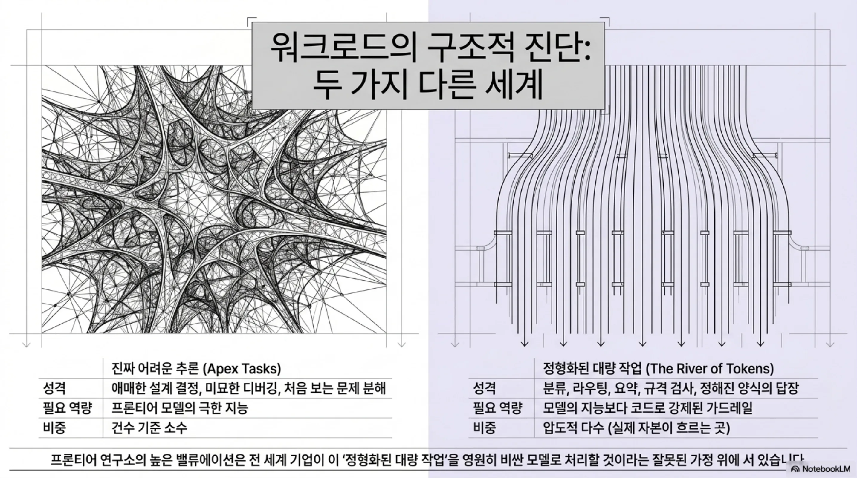 워크로드를 어려운 추론과 정형화된 대량 작업이라는 두 세계로 나눈 구조적 진단 슬라이드