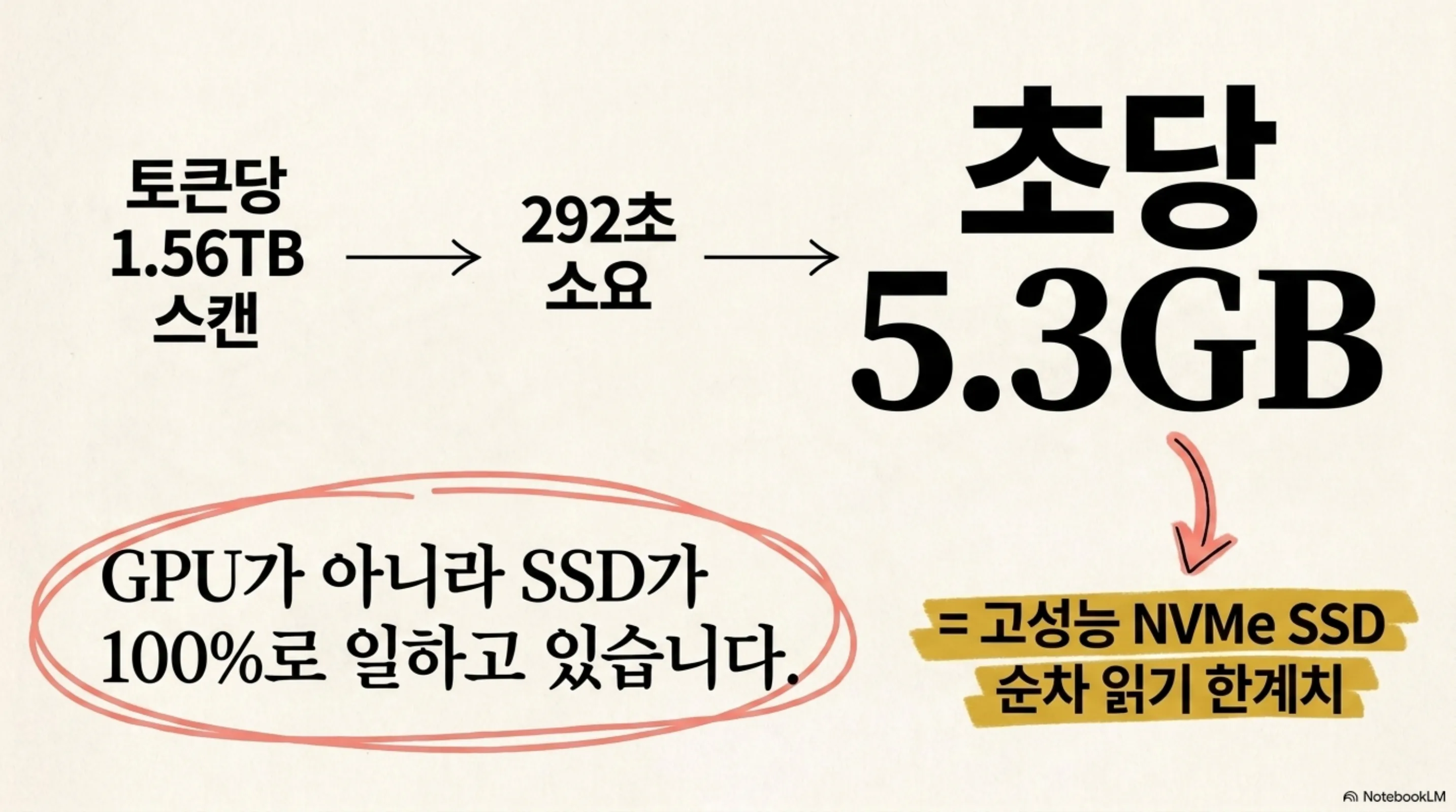 토큰당 1.56TB 스캔이 292초에 걸쳐 초당 5.3GB 읽기로 환산되며 NVMe 순차 읽기 한계에 맞닿는다는 도식