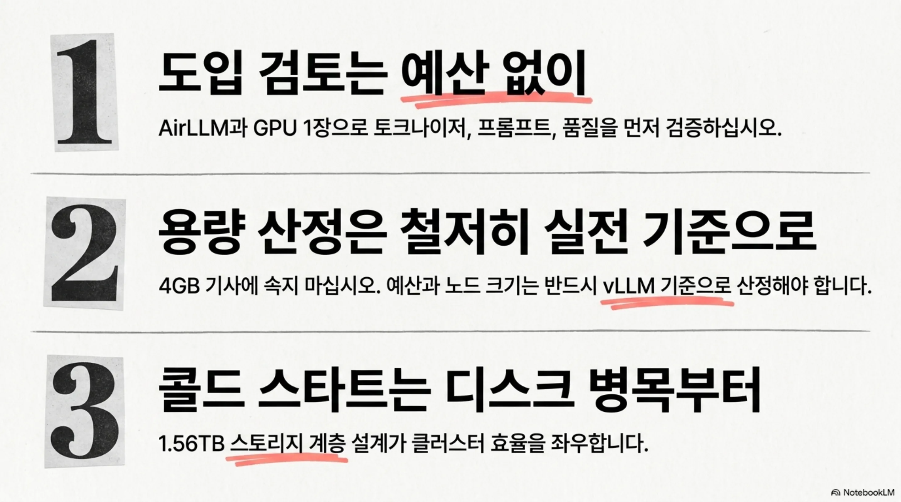 도입 검토는 예산 없이, 용량 산정은 실전 기준으로, 콜드 스타트는 디스크 병목부터라는 세 가지 지침 요약
