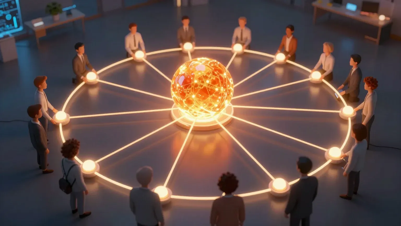 Abstract visual of a collaboration network with a central AI node connected to multiple people nodes in a shared channel