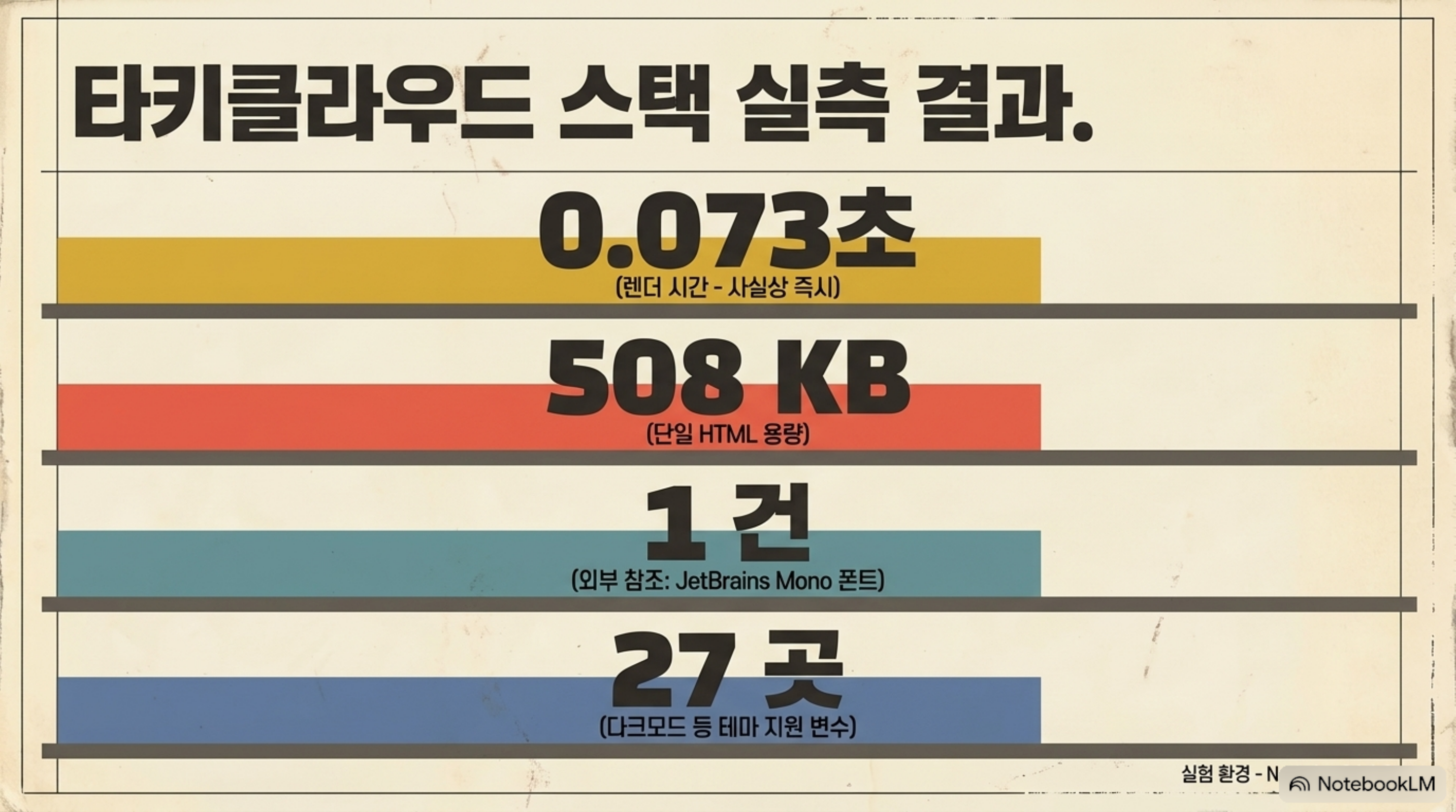 타키클라우드 스택 실측 결과: 렌더 0.073초, 단일 HTML 508KB, 외부 참조 1건, 테마 변수 27곳