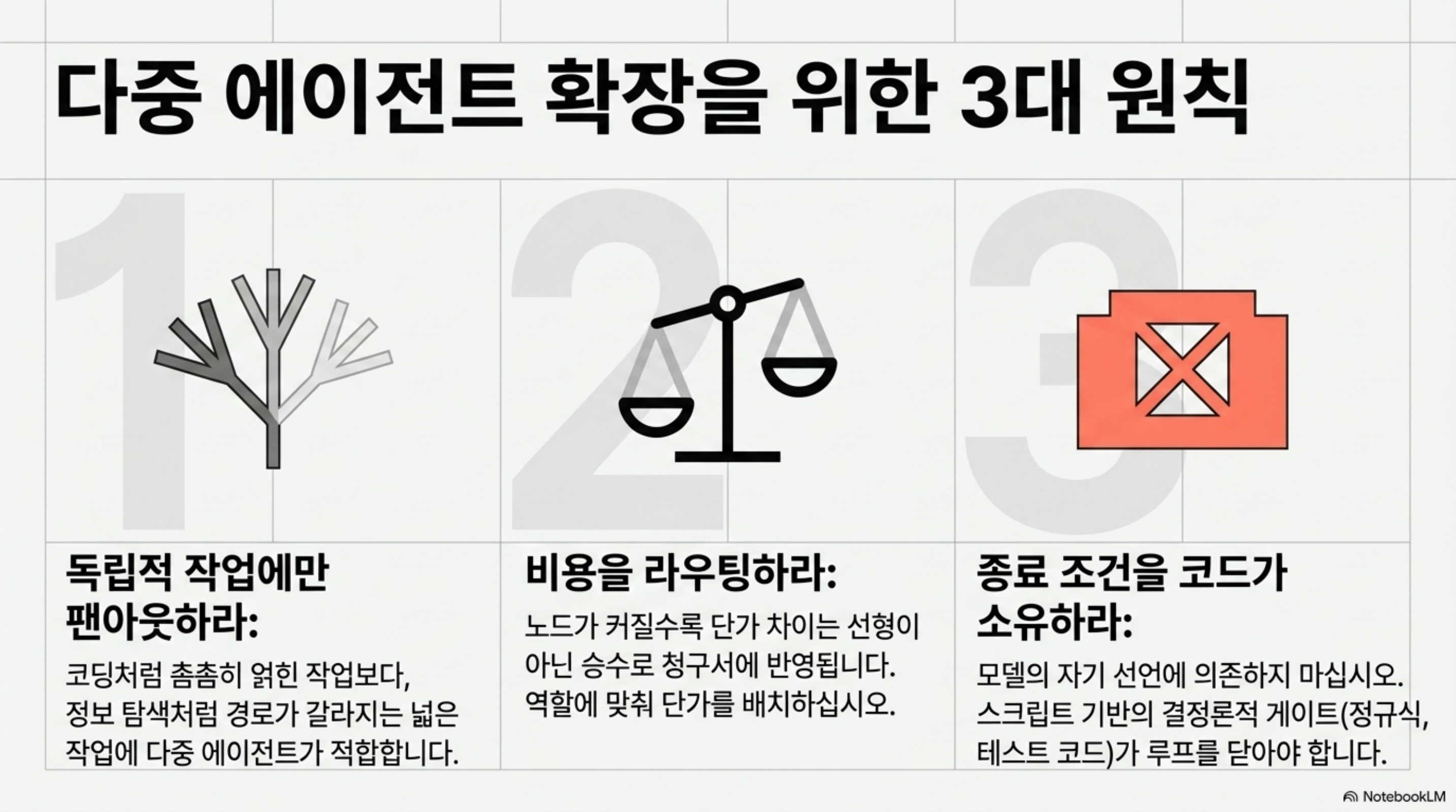 독립적 작업에만 팬아웃하라, 비용을 라우팅하라, 종료 조건을 코드가 소유하라는 세 원칙을 정리한 슬라이드
