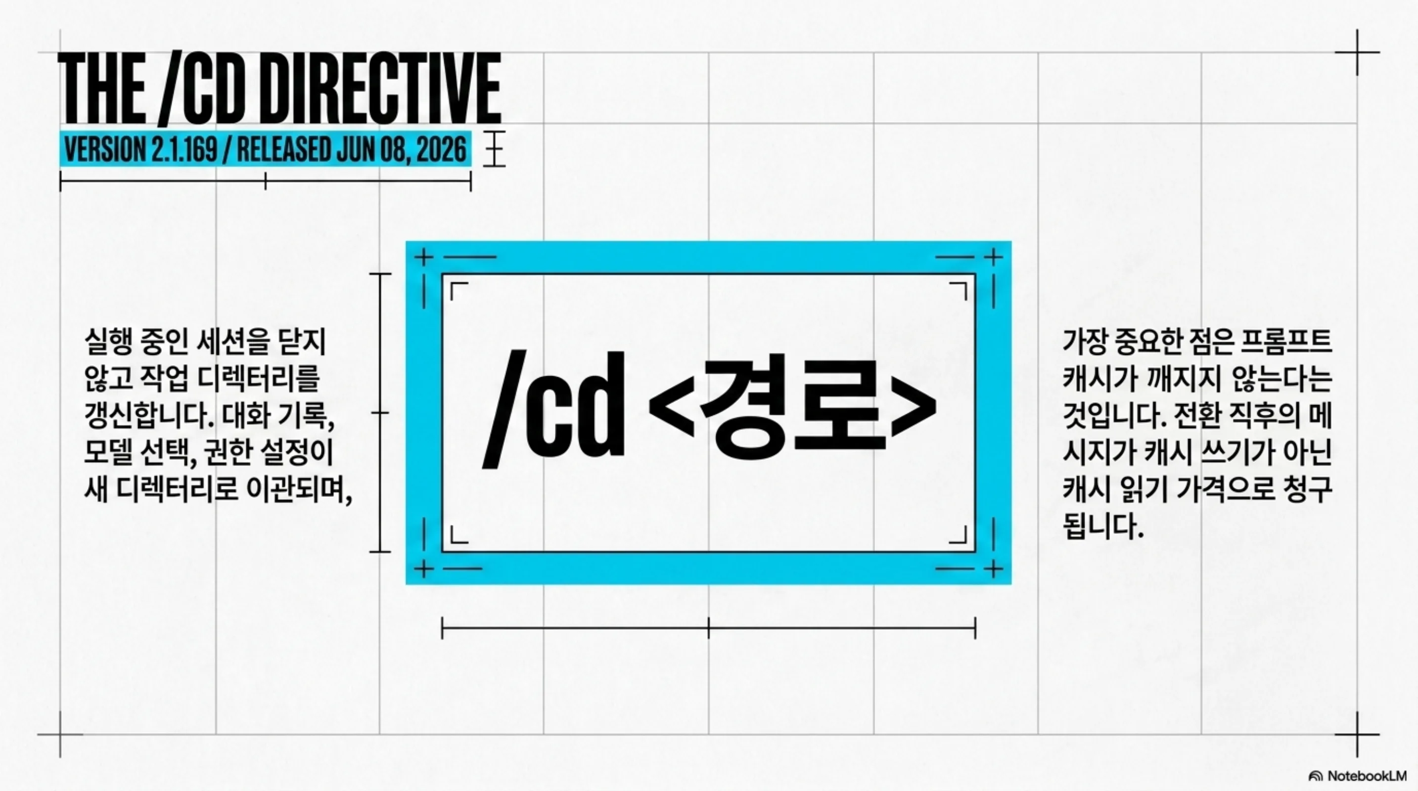 /cd 명령은 v2.1.169에서 도입되었으며, 실행 중인 세션을 닫지 않고 작업 디렉터리만 갱신하면서 캐시를 읽기 가격으로 유지합니다