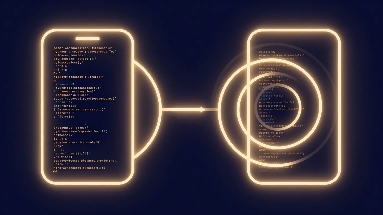 An abstract image depicting a closed loop where a running screen and code are joined into a single ring of light