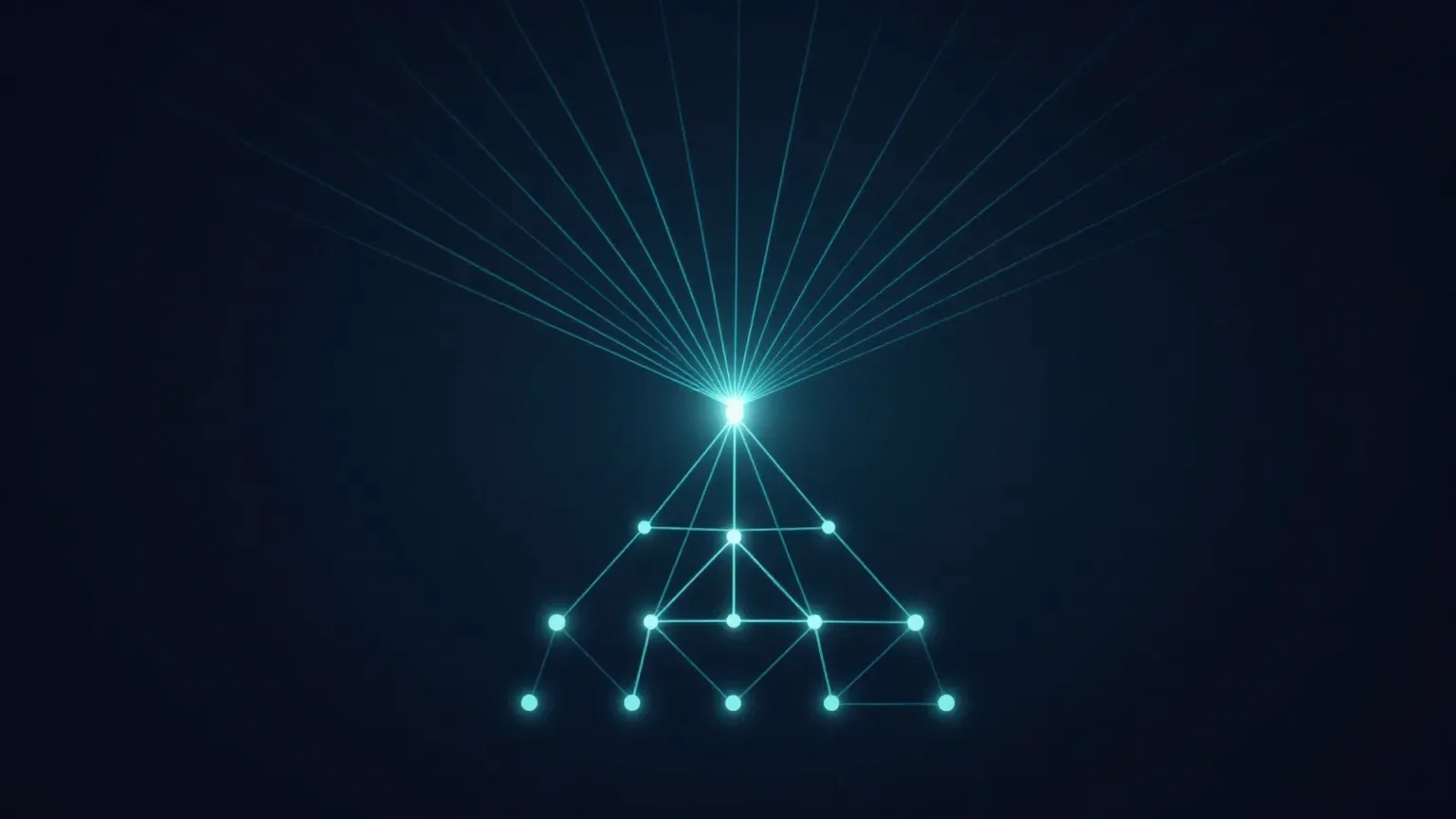 Abstract visualization of light beams converging on a central node before branching hierarchically outward
