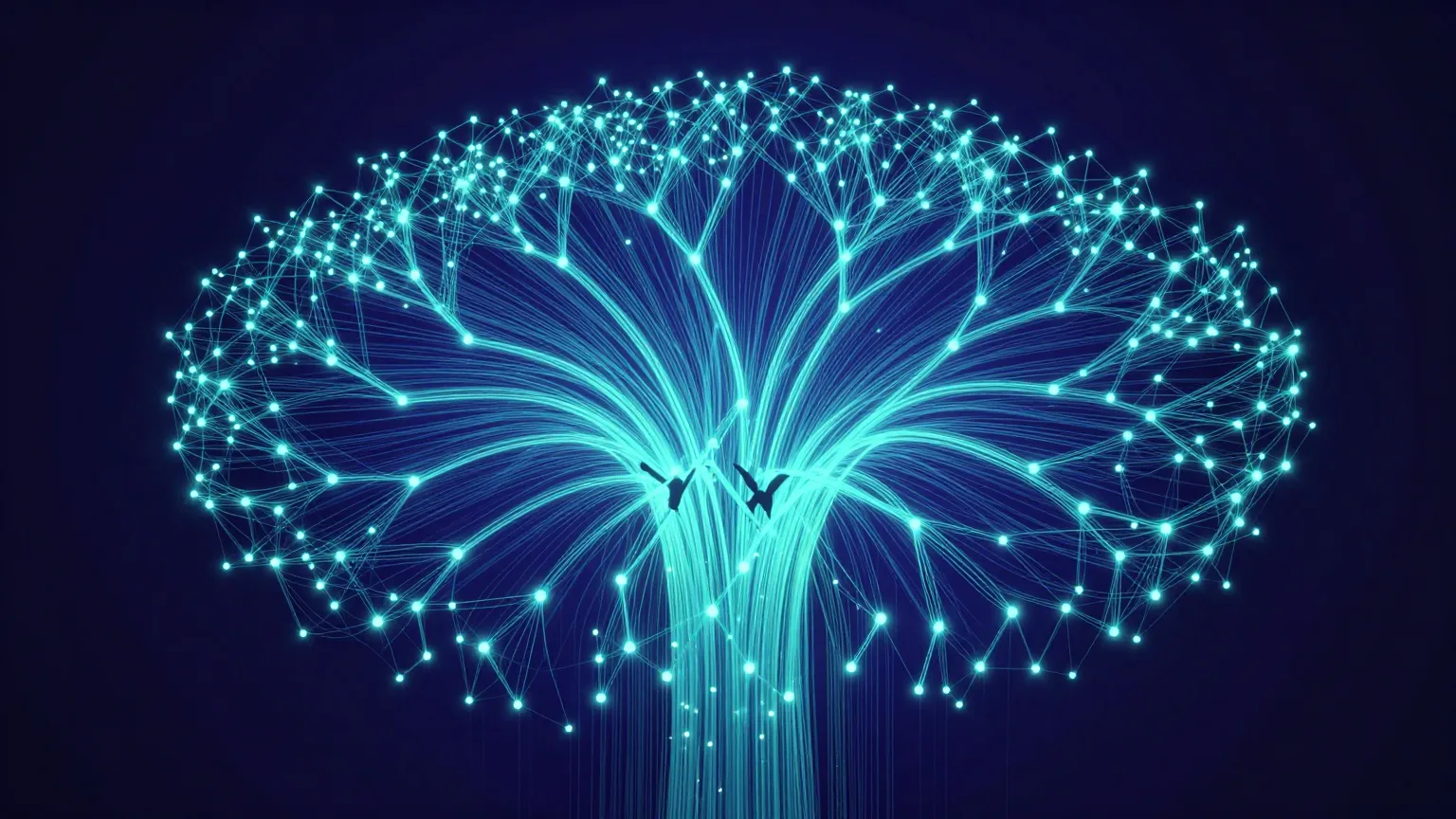 Abstract image of an agent swarm of autonomous nodes converging into a single branching tree structure