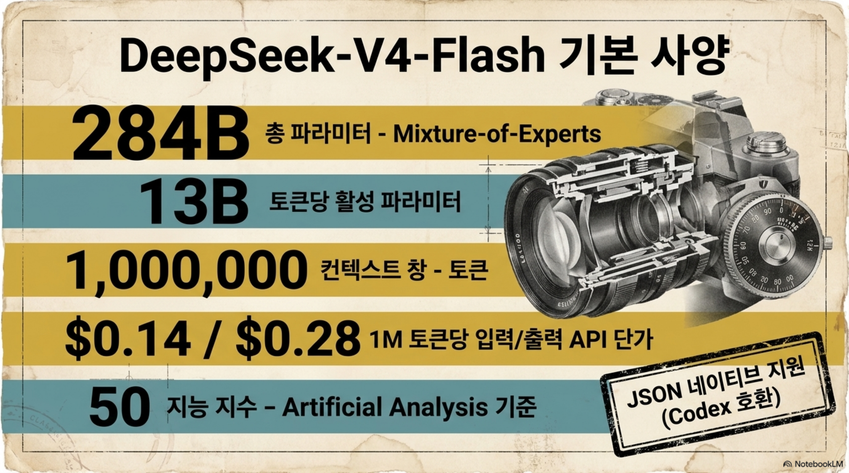 DeepSeek-V4-Flash의 총 파라미터, 활성 파라미터, 컨텍스트 창, API 단가, 지능 지수를 정리한 사양 슬라이드
