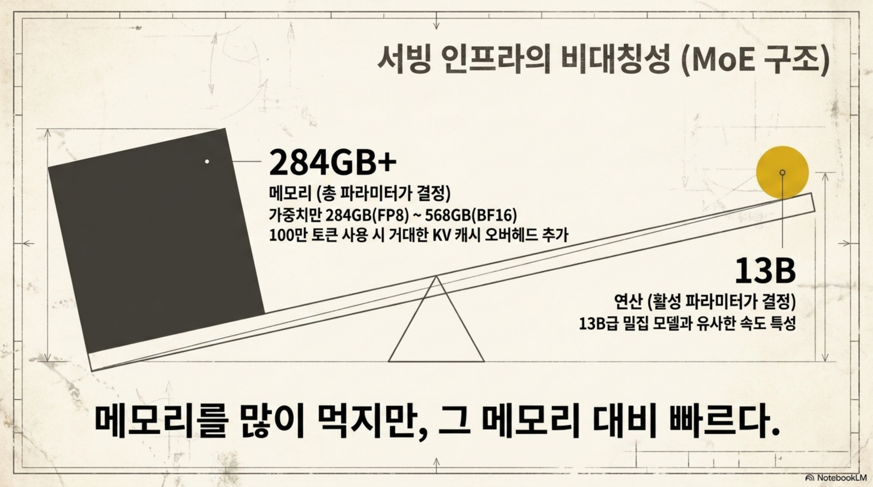 메모리는 총 파라미터가, 연산은 활성 파라미터가 정하는 비대칭을 시소로 표현한 슬라이드