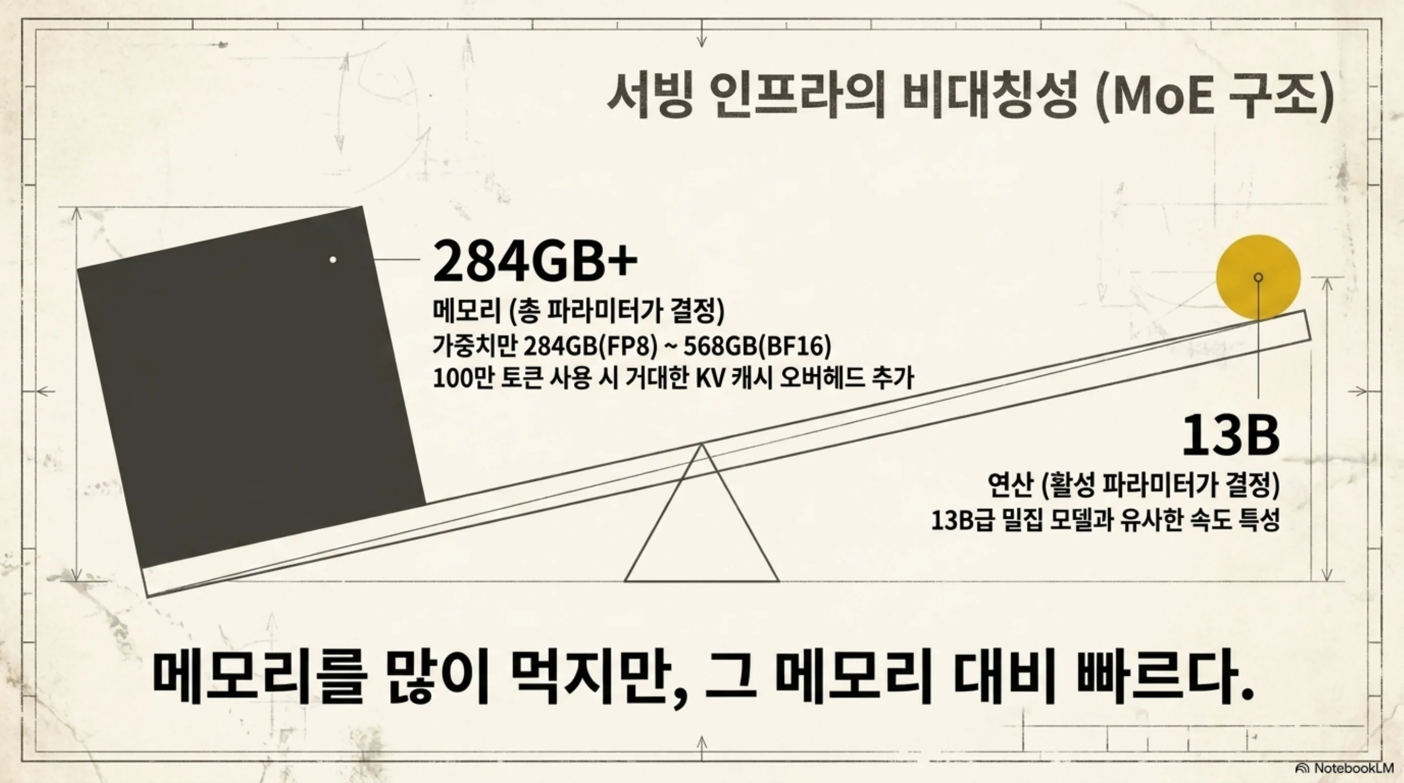 메모리는 총 파라미터가, 연산은 활성 파라미터가 정하는 비대칭을 시소로 표현한 슬라이드