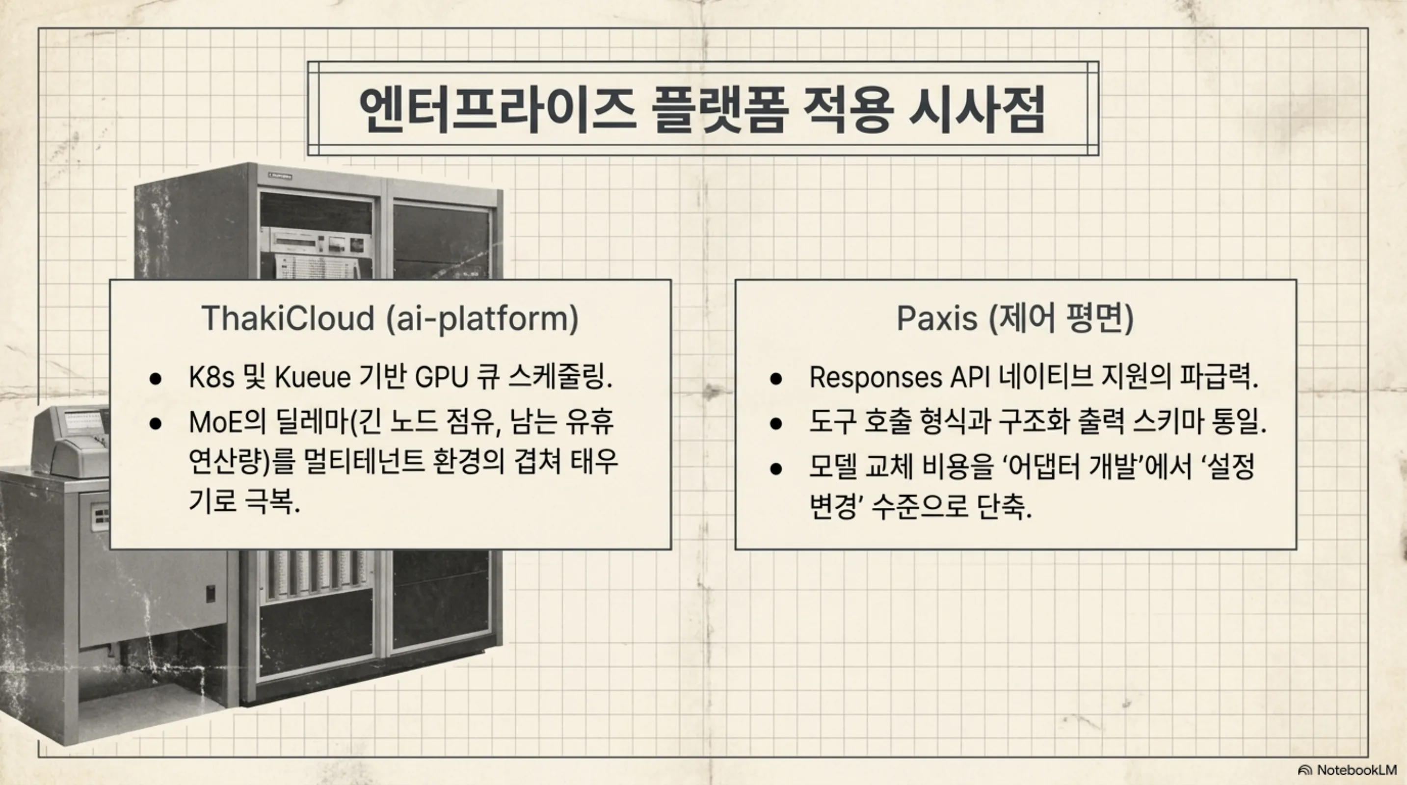 ai-platform 렌즈와 Paxis 렌즈에서 본 적용 시사점을 두 칼럼으로 정리한 슬라이드