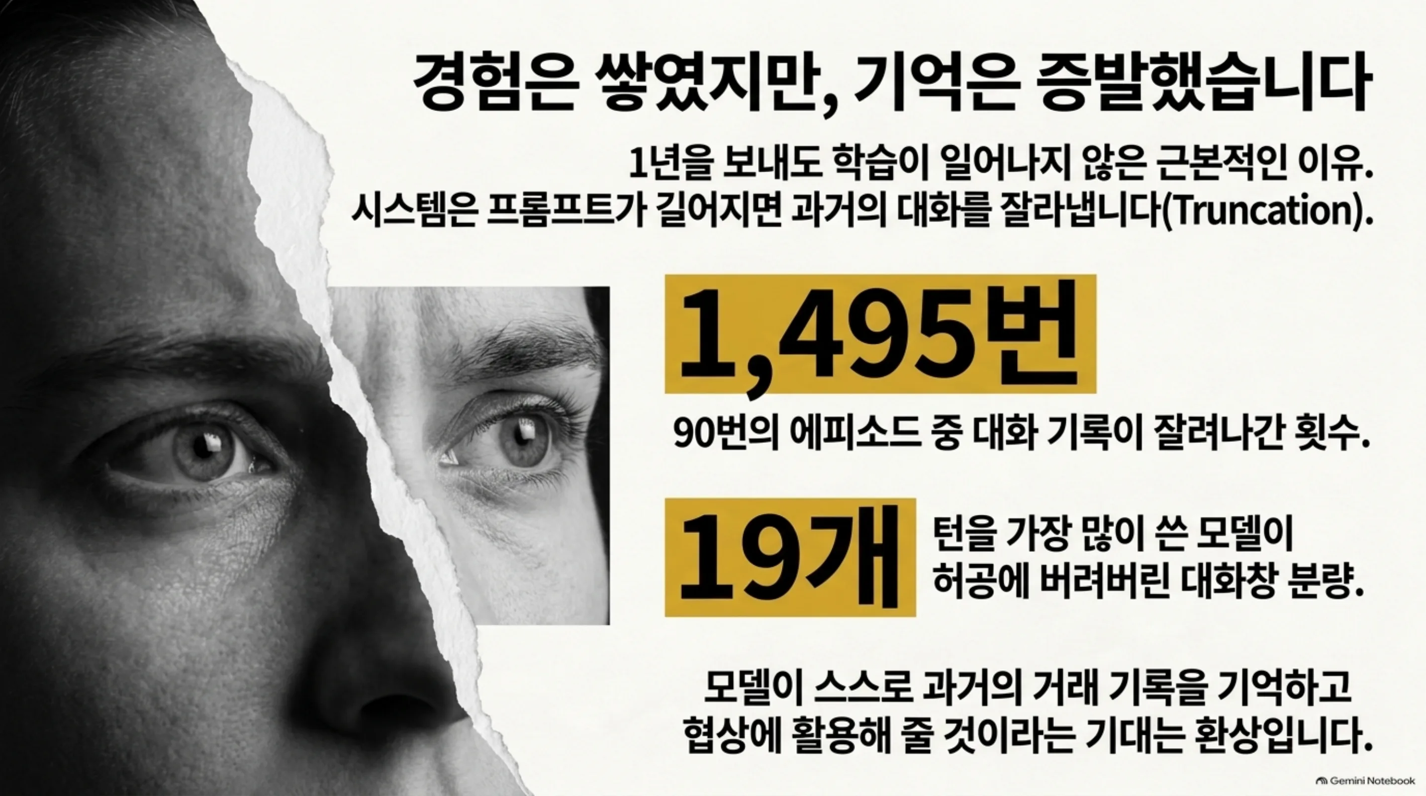 대화 기록 축출 횟수와 버려진 대화창 분량을 정리한 슬라이드