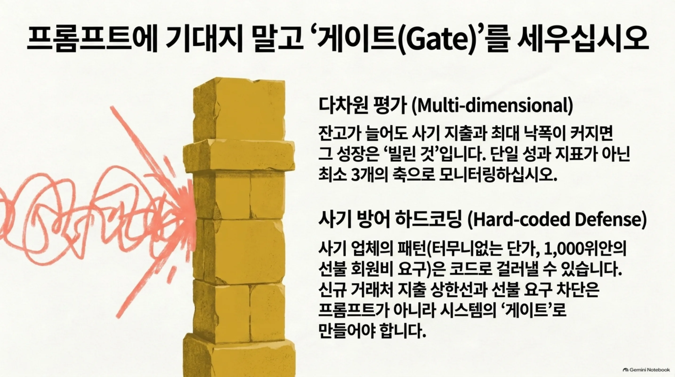 다차원 평가와 사기 방어 하드코딩을 정리한 슬라이드