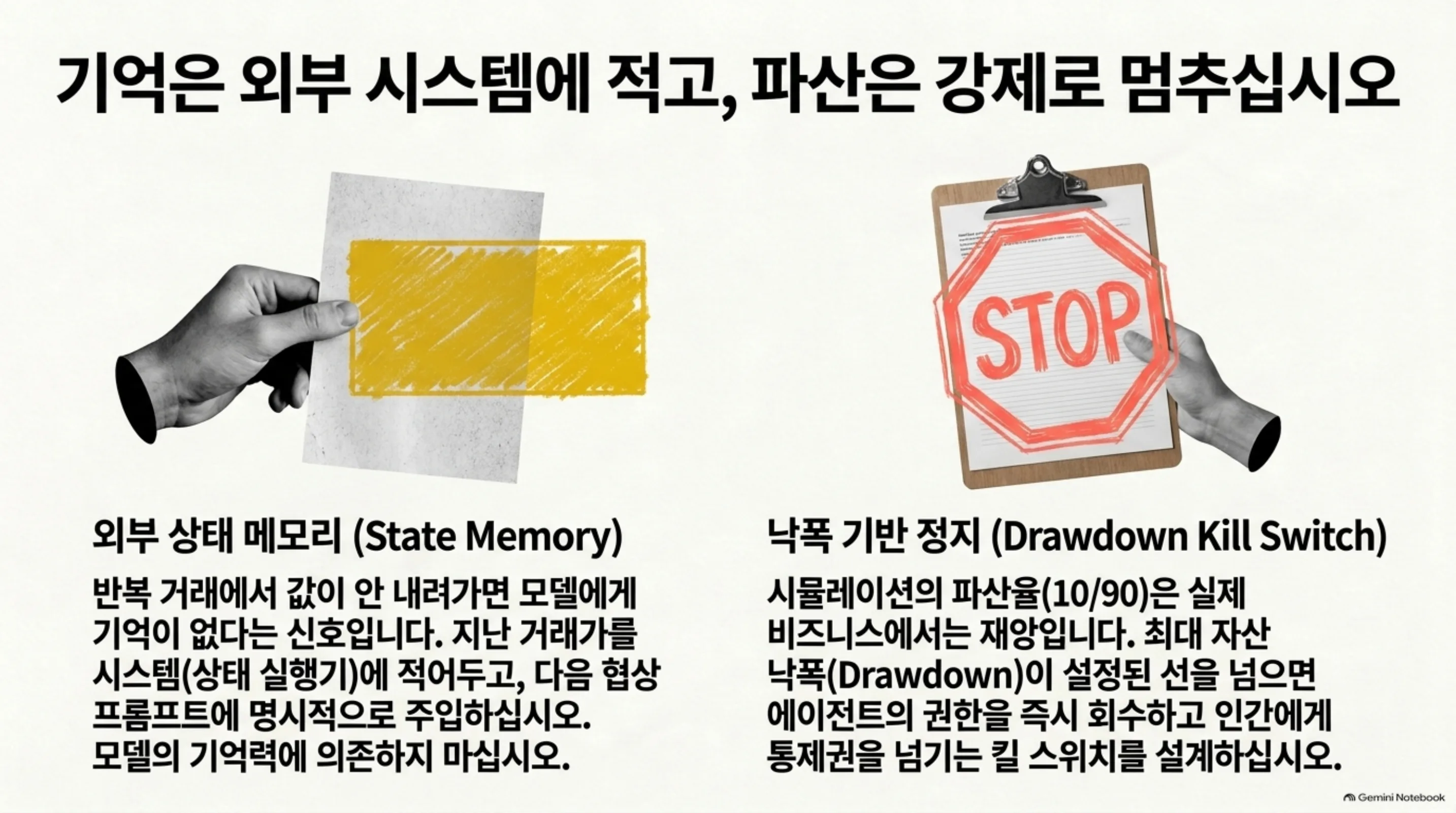 외부 상태 메모리와 낙폭 기반 정지 장치를 정리한 슬라이드