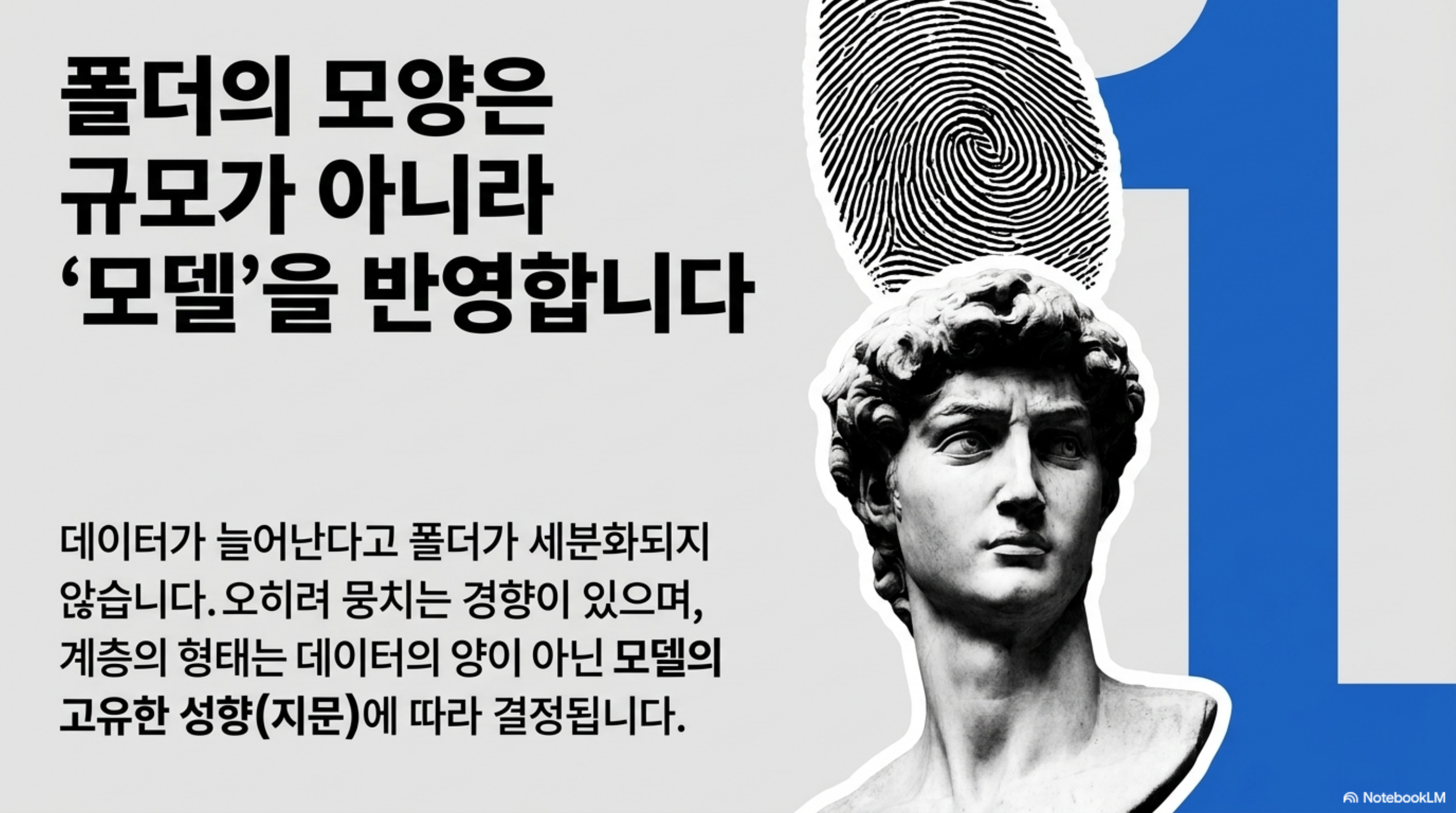 폴더 구조의 모양이 자료 규모가 아니라 모델의 고유한 성향을 반영한다는 점을 설명한 슬라이드