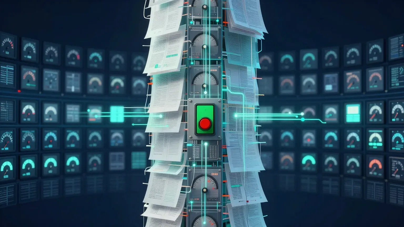 An abstract training pipeline accumulating evidence before continuing: documents and measurement records stacked in front of a gate