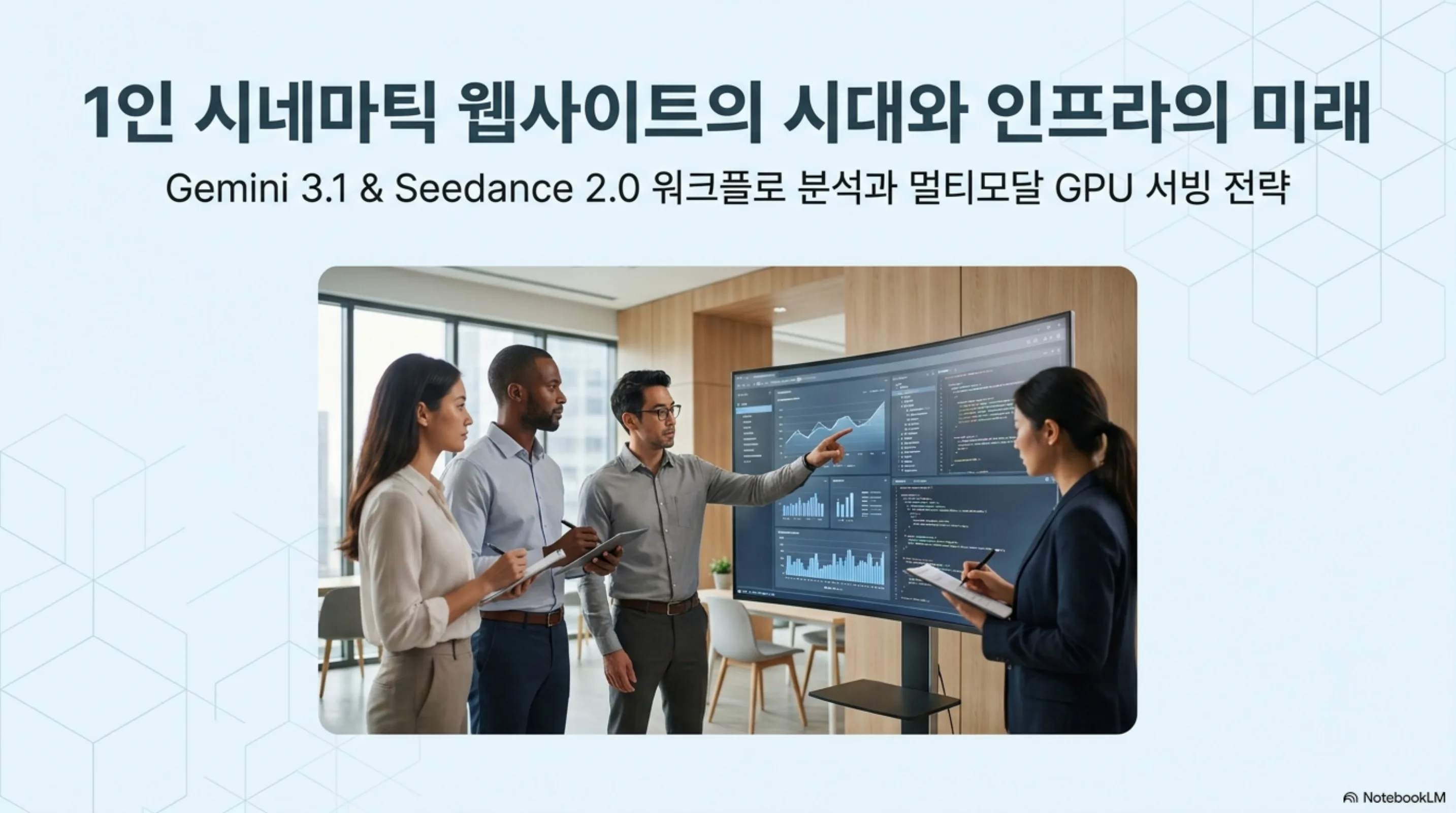대형 디스플레이의 데이터 대시보드를 보며 논의하는 비즈니스 팀원들과 인프라 전략 안내 문구