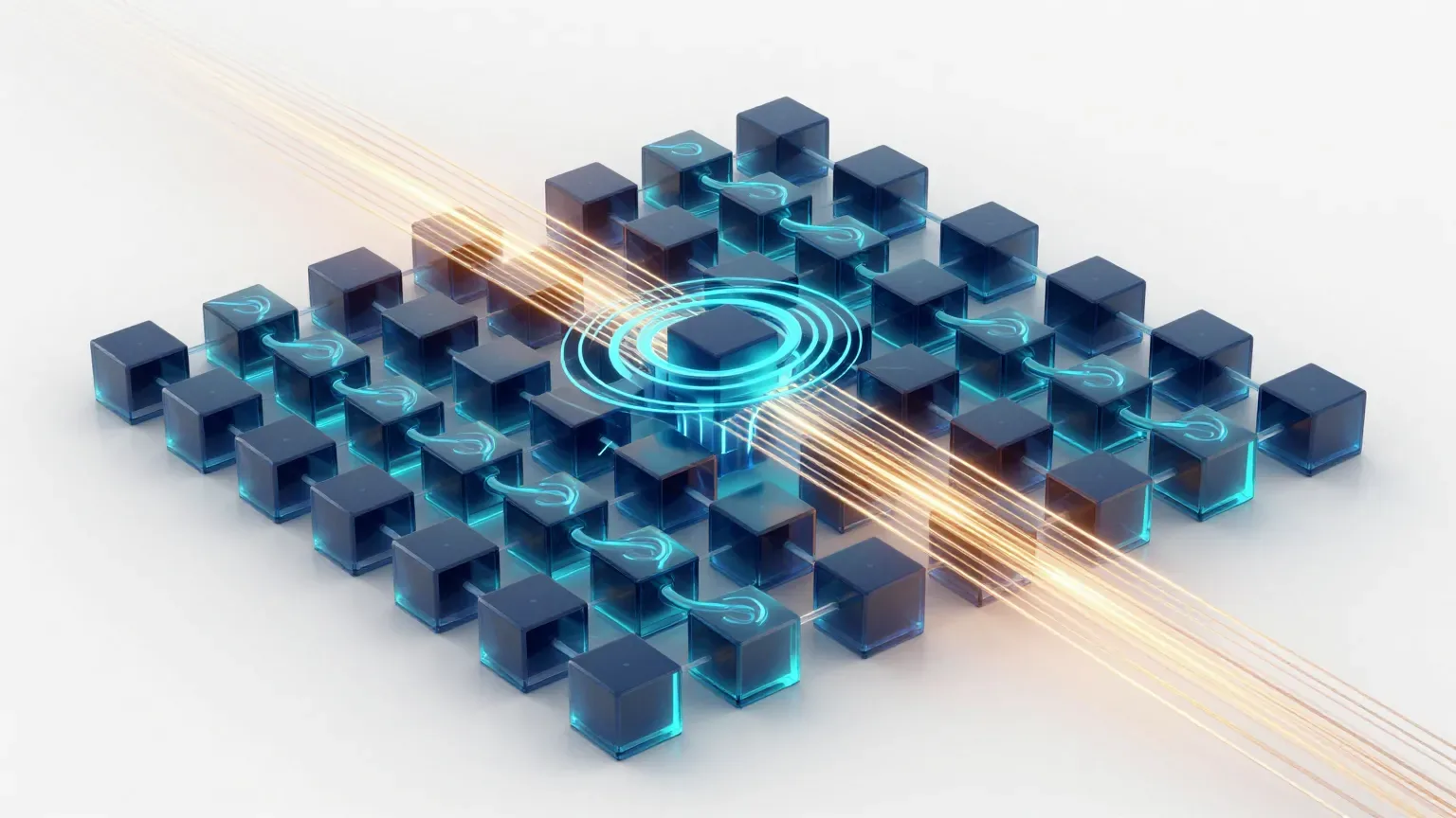 Abstract 3D visualization of an autonomous AI accelerating inference data streams through a lattice of translucent kernel blocks