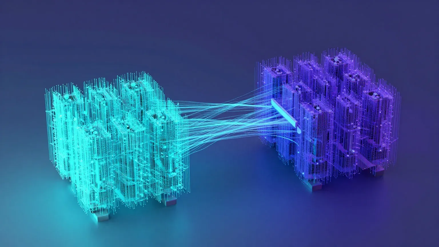 An abstract image depicting a generation cluster and a training cluster exchanging data asynchronously through a central buffer