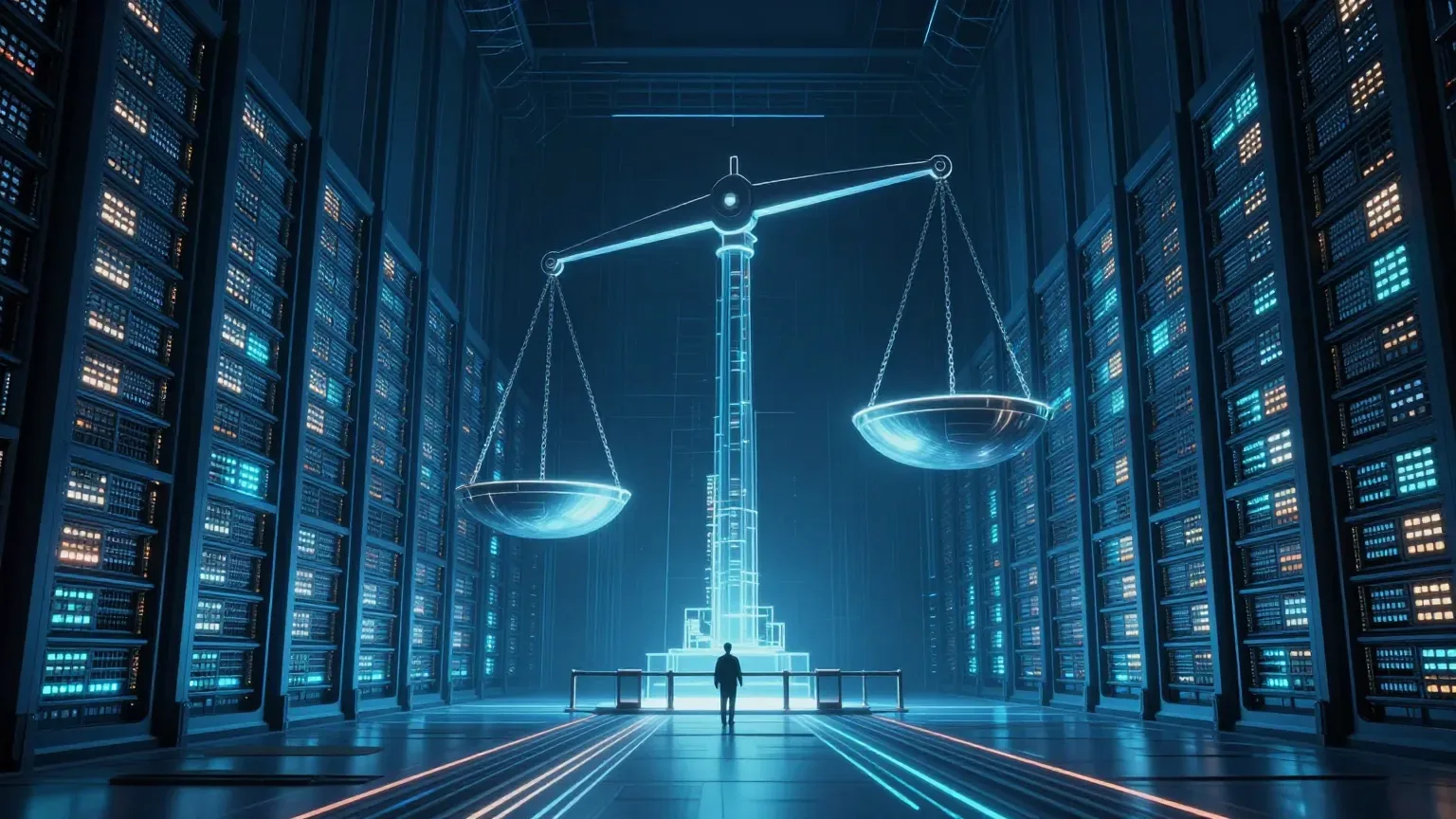 Conceptual image depicting a large-scale GPU data center gateway and an asymmetric scale