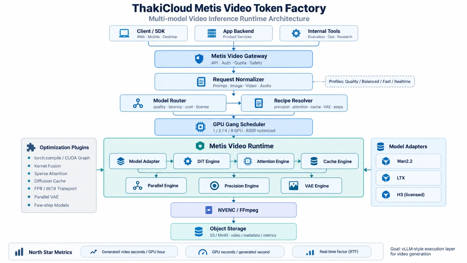 Metis Video Token Factory architecture: a gateway receives requests, a model router and recipe resolver decide execution, a GPU gang scheduler places the job, and a shared runtime drives multiple video models through adapters