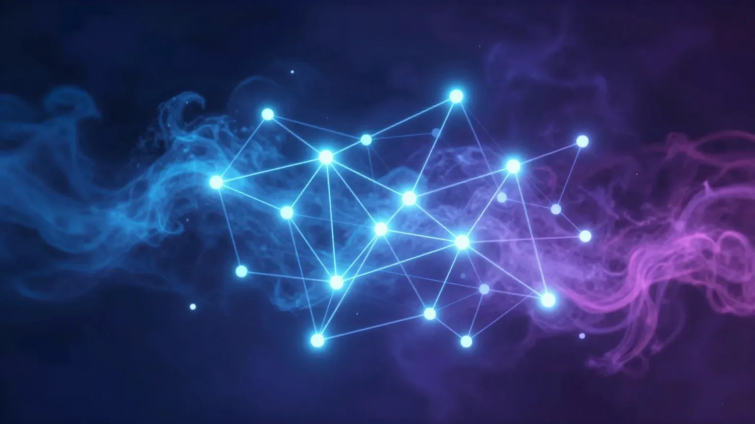 Abstract illustration of language fragments condensing into a permanent network of nodes and edges