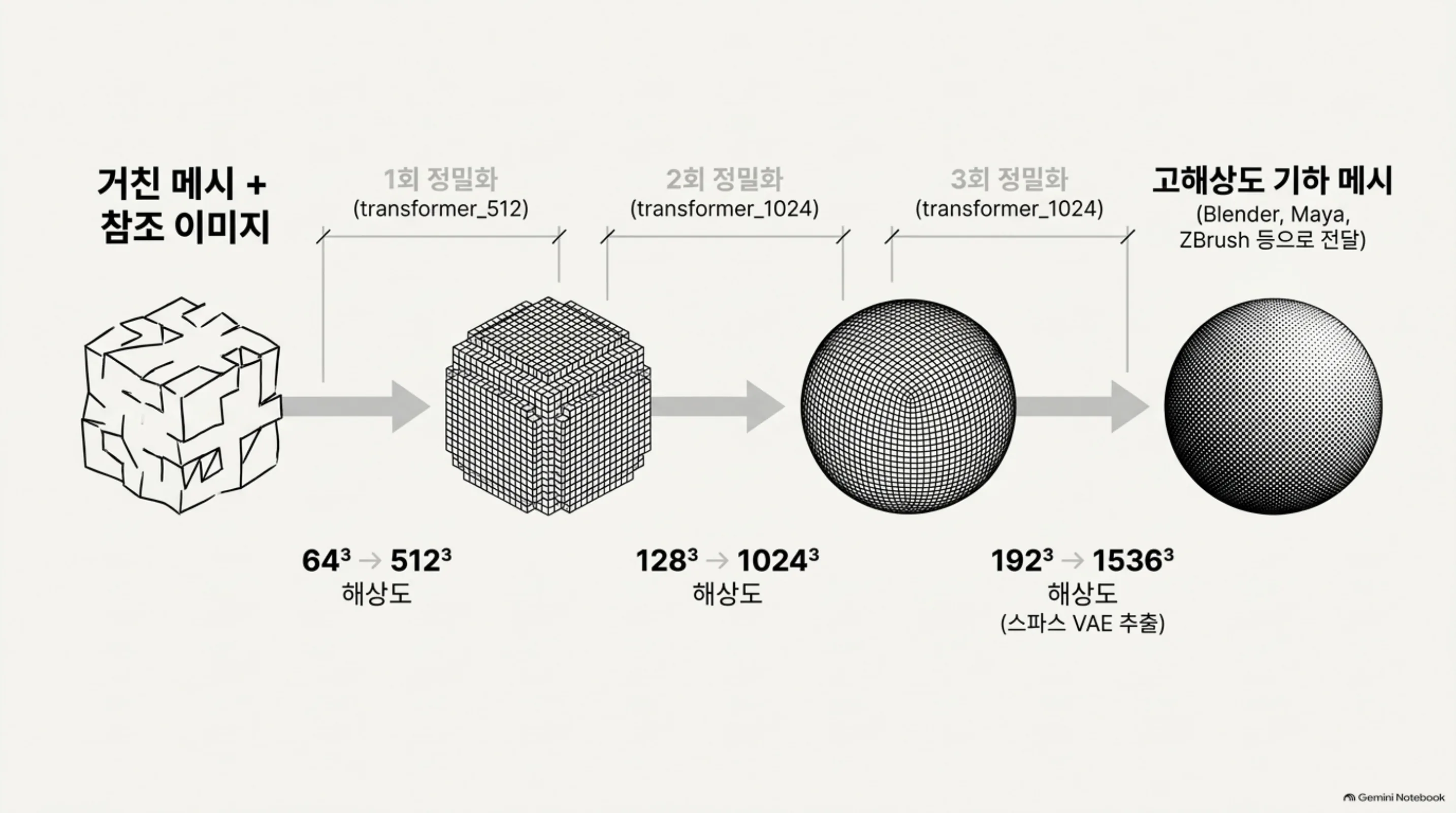 정밀화 파이프라인: 거친 메시 + 참조 이미지가 64³→512³, 128³→1024³, 192³→1536³으로 단계적으로 고해상도 기하 메시로 전달