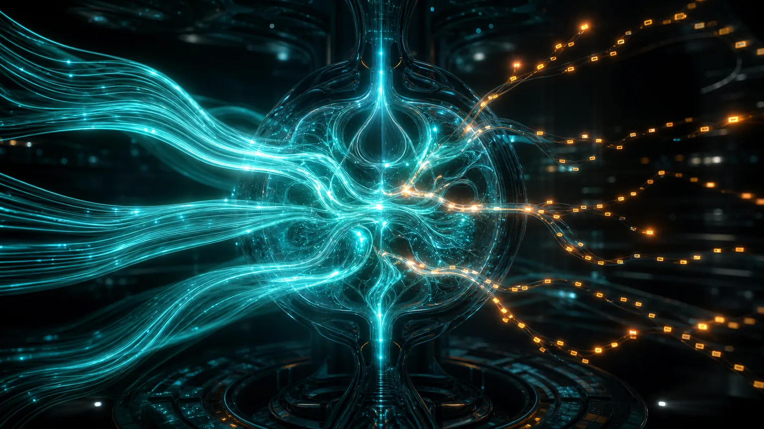 A luminous core with smooth teal reasoning streams flowing through it and sparse amber token dashes branching out at decision points