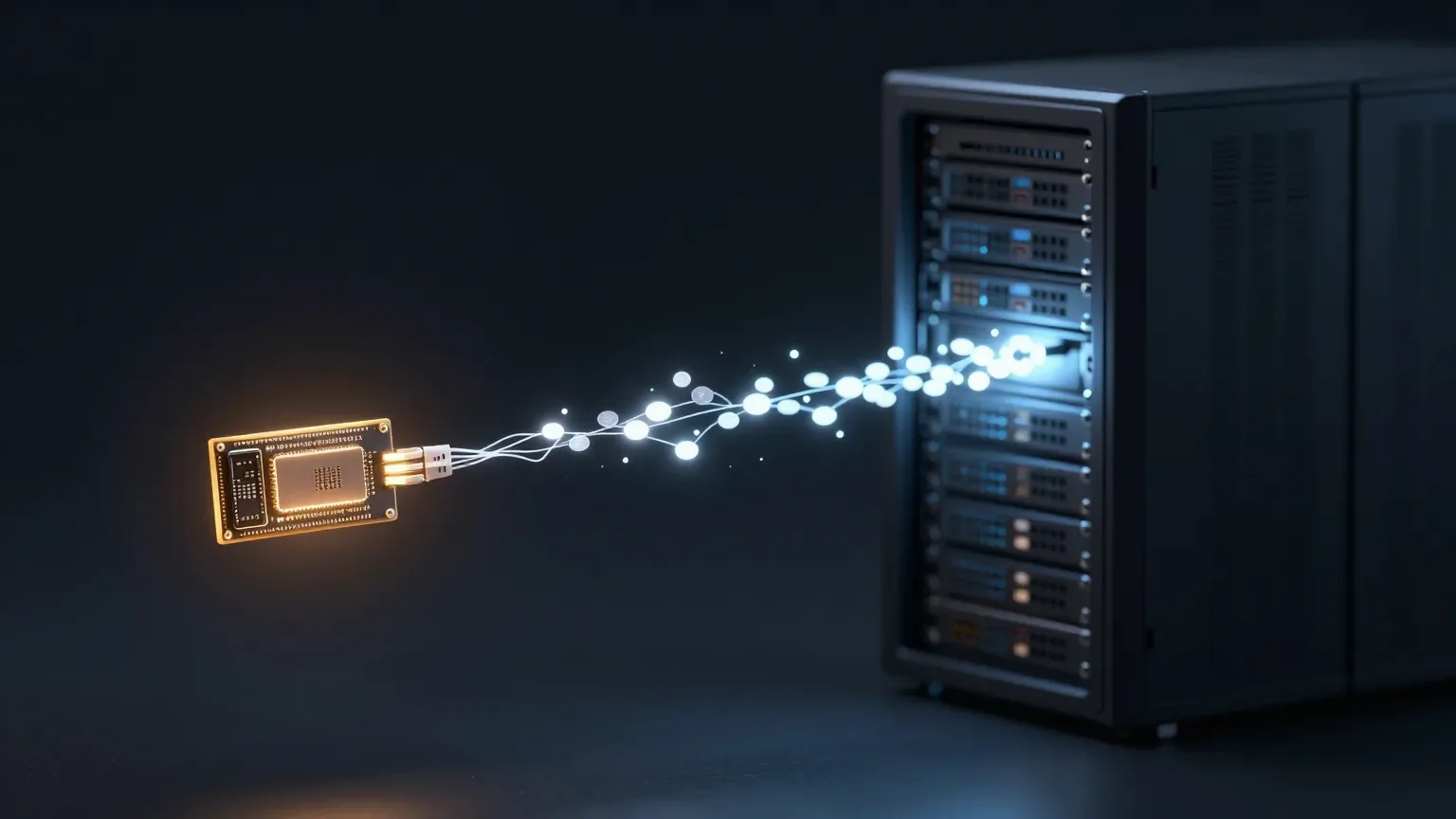 A small glowing server card streams tokens into a dark datacenter monolith